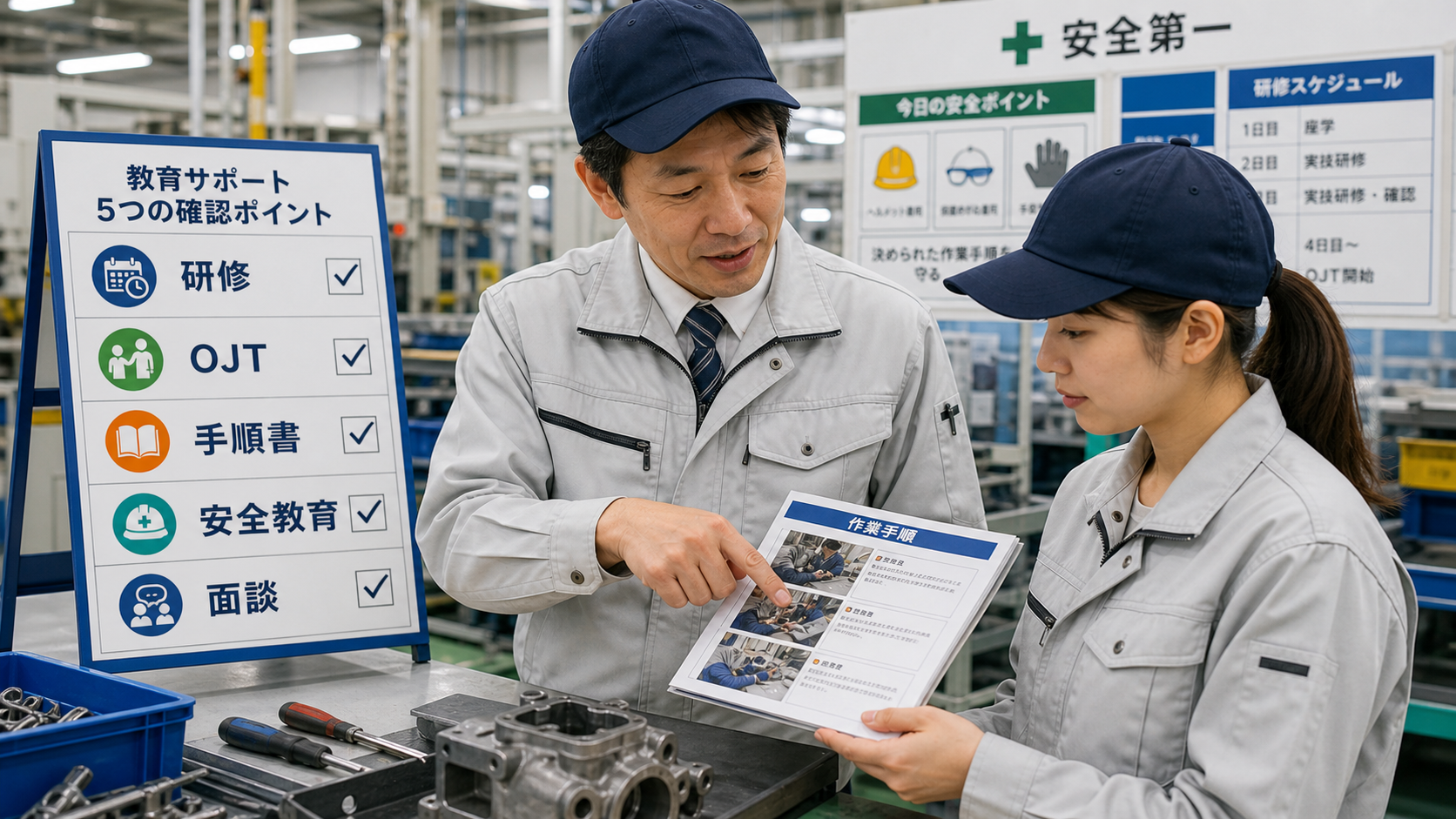 第4章「未経験でも応募できる求人の見分け方」の要点を整理したインフォグラフィック。未経験歓迎求人の教育体制チェックリスト。研修日数・OJT担当・作業手順書・安全教育・フォロー面談の5項目を縦に並べ、各項目に確認済み/未確認のチェック欄を添えたリスト風