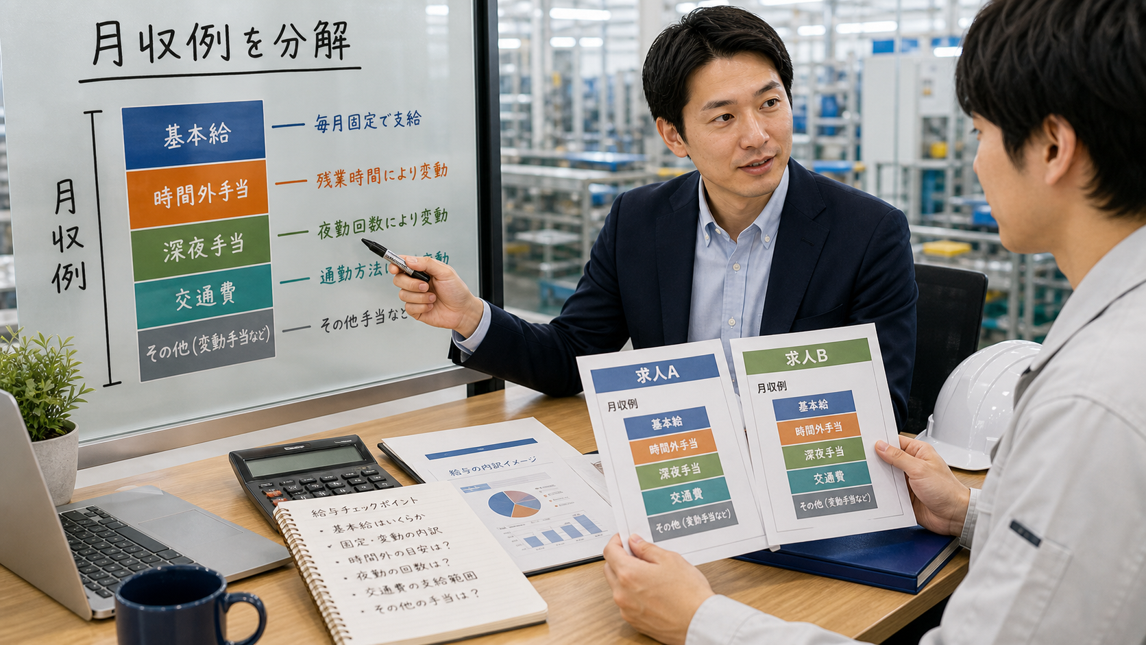 第4章「月収例の内訳を分解して比較する方法」の要点を整理したインフォグラフィック。月収例を基本給・時間外手当・深夜手当・交通費の4要素に分解し、2つの求人を並べて比較する方法を解説した図表付きガイド