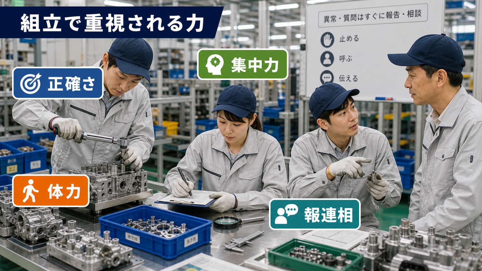 第4章「組立の仕事で求められるスキルと向いている人の特徴」の要点を整理したインフォグラフィック。4つのスキル（正確さ・集中力・体力・報連相）をレーダーチャート風に配置し、向いている人と苦手に感じやすい人の特徴を対比表とチェックリストで示す図解