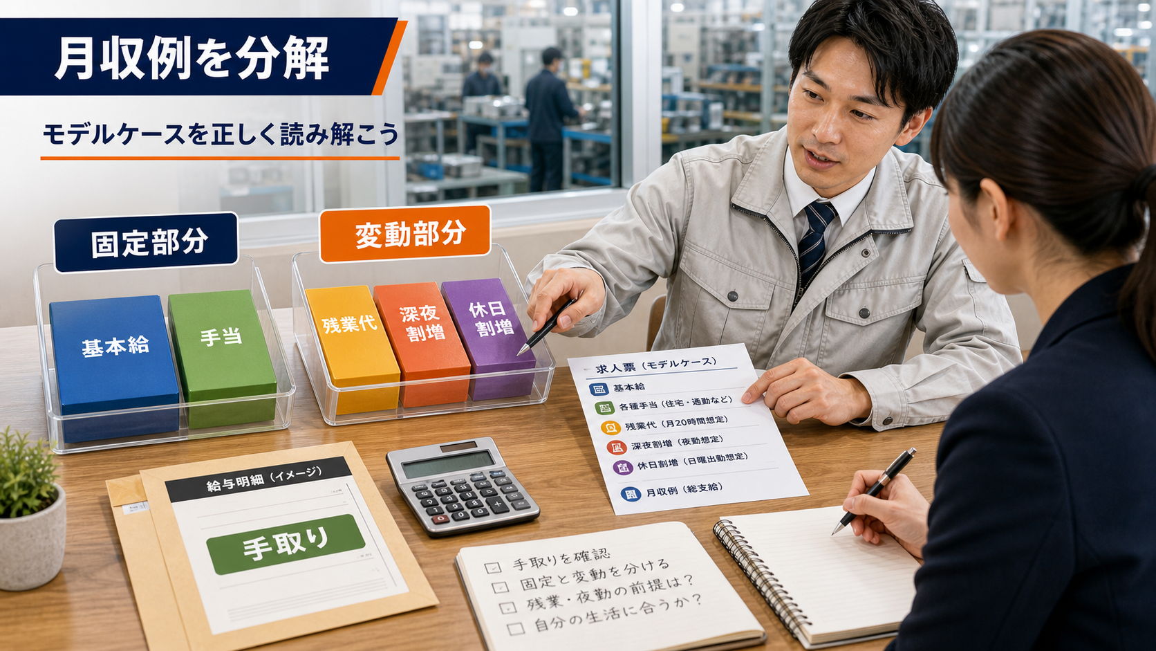 第4章「給与・月収例の内訳を正しく読み解く方法」の要点を整理したインフォグラフィック。電卓と給与明細のイメージが並び、基本給・手当・残業代・深夜割増の4ブロックに色分けされた棒グラフが描かれたインフォグラフィック風。