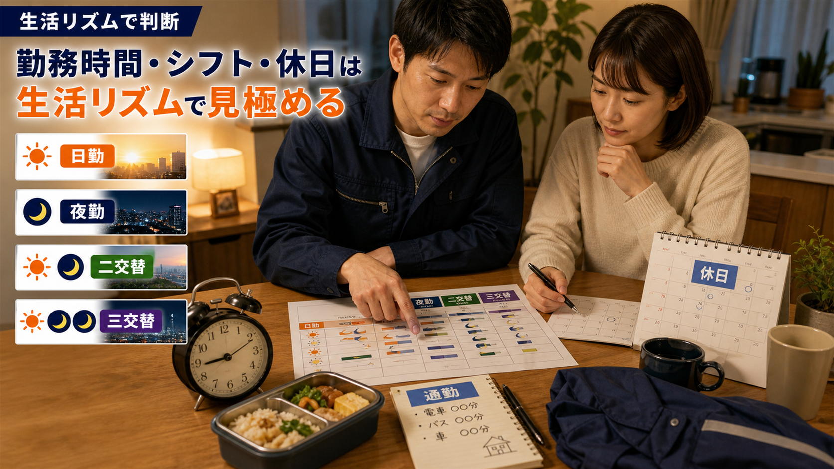 第4章「勤務時間・シフト・休日を生活リズムで判断する」の要点を整理したインフォグラフィック。工場の求人票には「日勤のみ」「二交替」「三交替」などシフト形態が記載されていますが、それぞれの生活への影響は大きく異なります。給与だけで選ぶと、入社後に体力面や家庭との両立で悩むケースも少なくありません。この章では、シフト形態ごとの特徴を比較したうえで、年間休日や通勤時間を含めた「自分の生活リズムに合うかどうか」の判断基準を整理します。