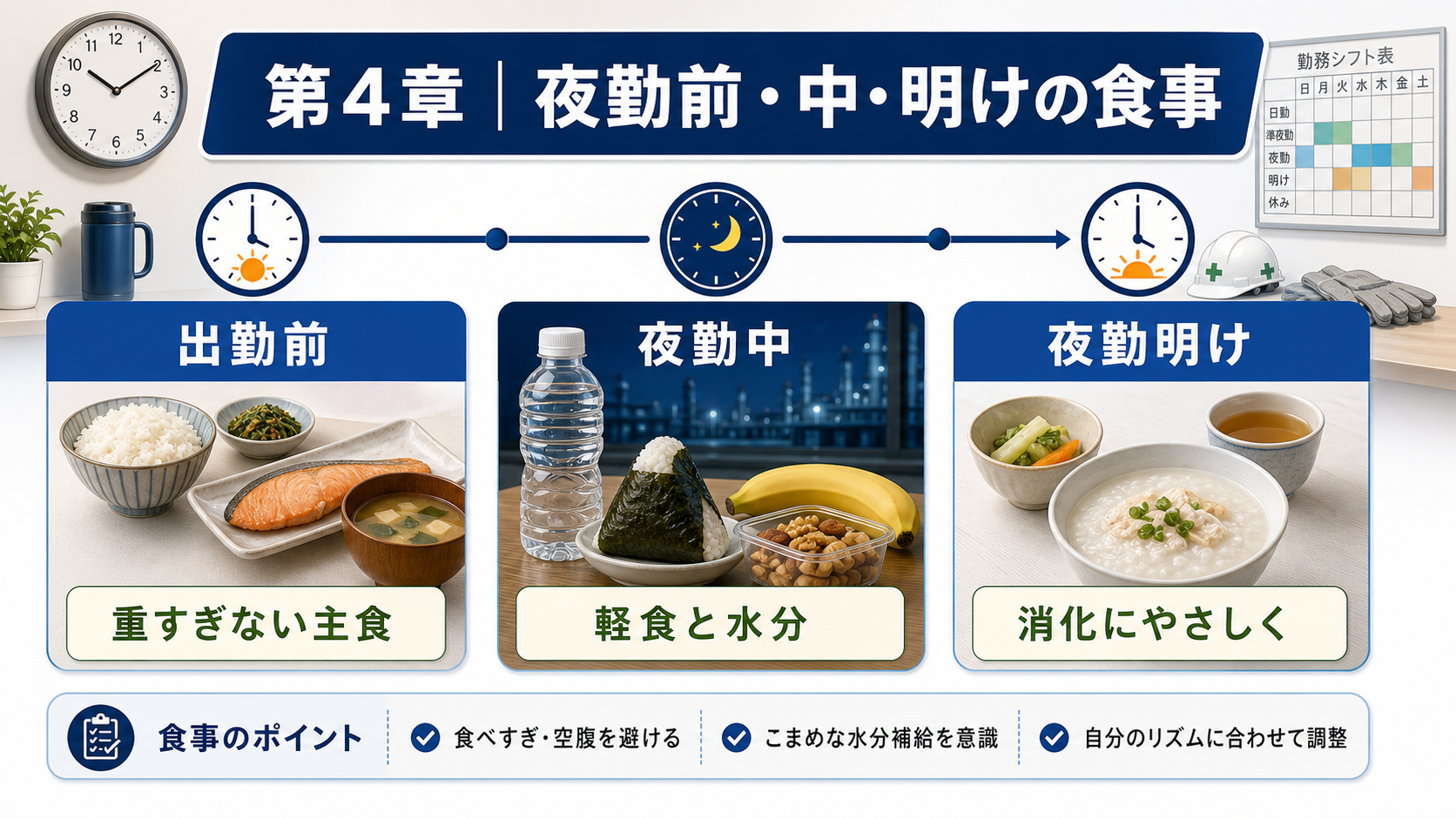 第4章「対策②：夜勤前・中・明けの食事タイミングと内容」の要点を整理したインフォグラフィック。夜勤前・夜勤中・夜勤明けの3フェーズをタイムライン形式で並べ、各フェーズの推奨食品・避けたい食品・タイミングと水分補給・カフェイン摂取の注意点を表と解説で整理した図解