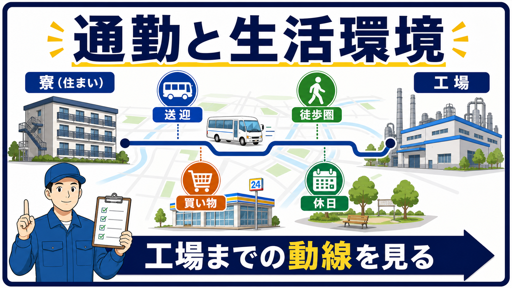 寮から工場までの通勤と生活環境を確認する図解