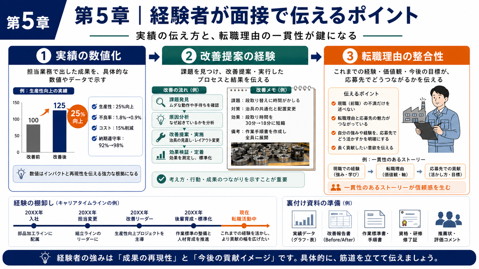 第5章「経験者が面接で差をつけるポイント」の要点を整理したインフォグラフィック。経験者が面接で差をつける3つのポイント（実績の数値化・改善提案の伝え方・転職理由と志望動機の一貫性）を整理した図解