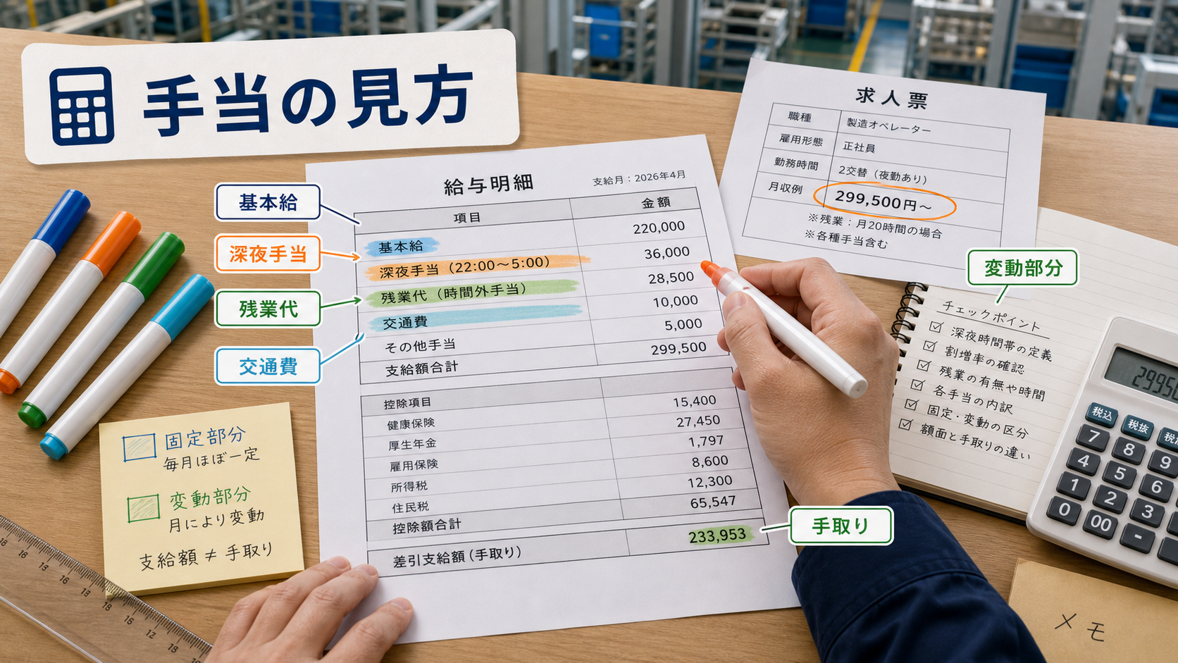 第5章「深夜手当・割増賃金の計算と求人票の読み方」の要点を整理したインフォグラフィック。求人票の月収例を基本給・深夜手当・残業代・交通費に分解した棒グラフ。確実に得られる部分と変動部分を色分けし、手取りの目安を自分で試算できるようにする。