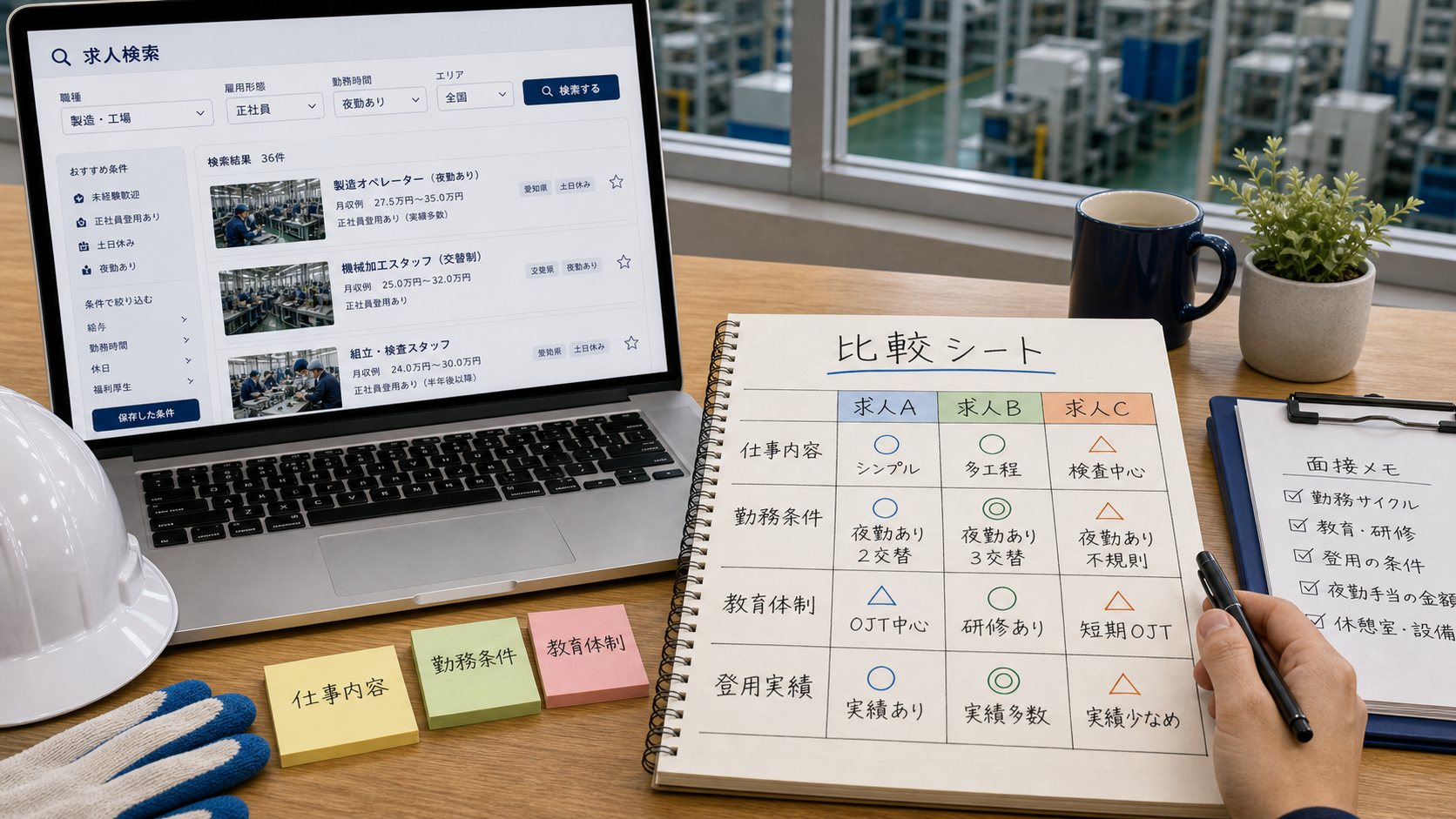 第5章「応募前の比較シート──候補を4軸で並べて判断する方法」の要点を整理したインフォグラフィック。仕事内容・勤務条件・教育体制・登用実績の4軸で求人A・B・Cを横並び比較するチェックシート形式の図解
