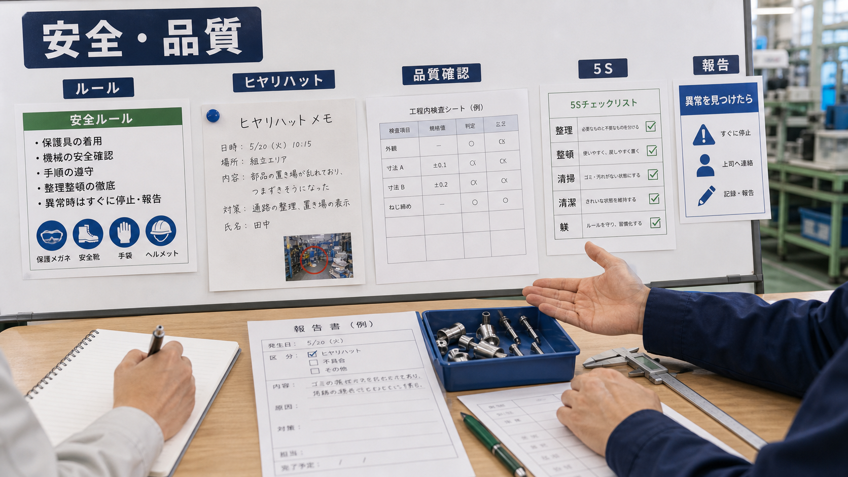 第5章「安全意識・品質意識を問う質問の意図と未経験者の備え方」の要点を整理したインフォグラフィック。安全意識・品質意識の質問で面接官が確認する3観点と、未経験者が日常生活や前職経験から準備できるポイントの対応図