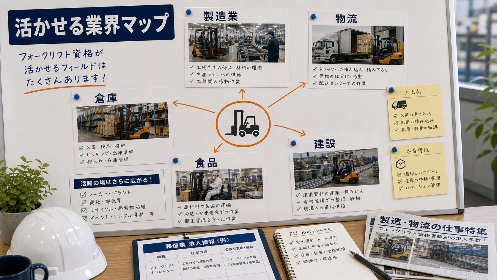 第5章「フォークリフト資格が活かせる業界・職種マップ」の要点を整理したインフォグラフィック。製造業・物流・倉庫・建設・食品など業界別にフォークリフト資格の活用場面をマップ形式で図解。各業界の代表的な作業内容をアイコンで示す。