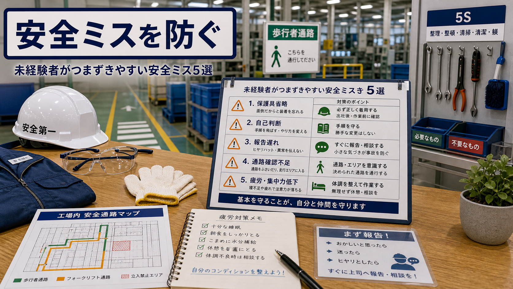 第5章「未経験者がつまずきやすい安全ミス5選」の要点を整理したインフォグラフィック。未経験者が2〜3か月目につまずきやすい安全ミス5つと予防策の対比図
