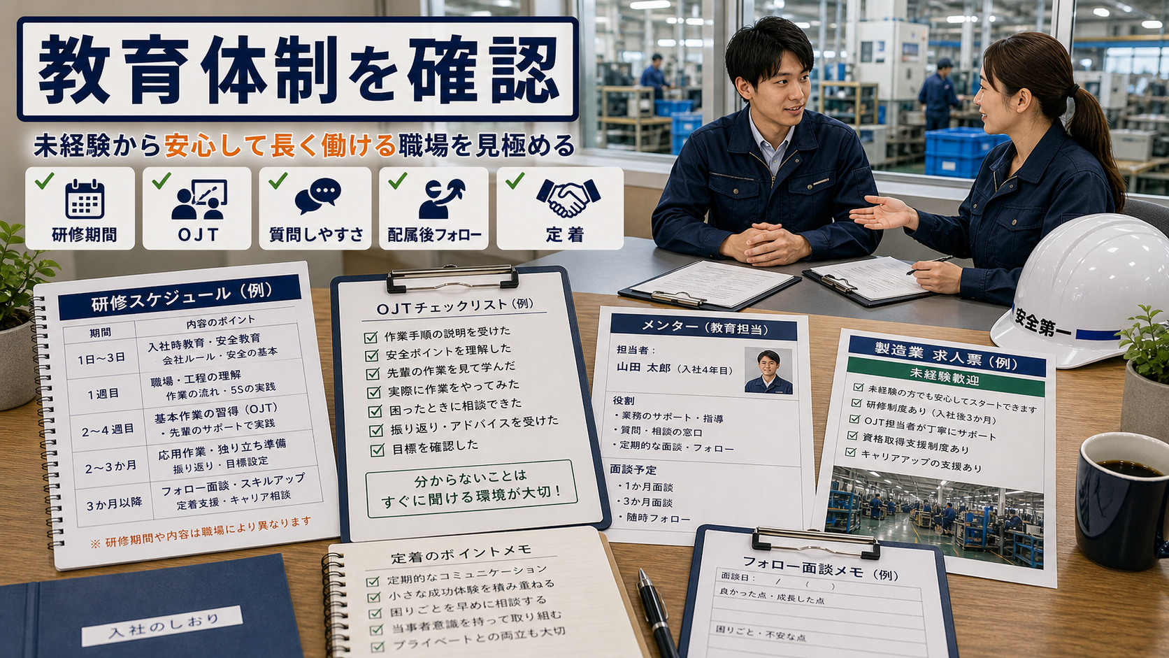 第5章「未経験歓迎の求人で確認すべき教育体制と定着のポイント」の要点を整理したインフォグラフィック。未経験歓迎の工場求人で確認すべき教育体制の4つのチェックポイント（研修期間・OJT・質問しやすさ・配属後フォロー）と、定着しやすい職場の見極め方をリスト・表で解説