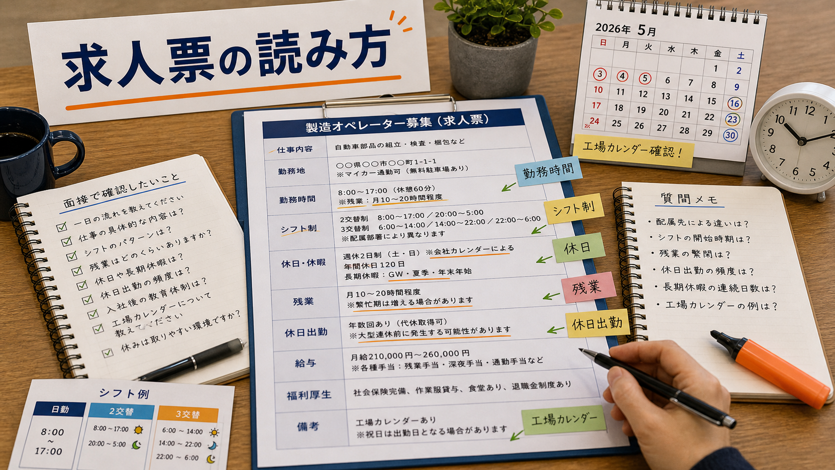 第5章「求人票のシフト欄・休日欄の読み方と注意表現」の要点を整理したインフォグラフィック。求人票のシフト欄・休日欄・残業欄にマーカーで印を付け、注意すべき表記をハイライトした編集部デスク風イメージ