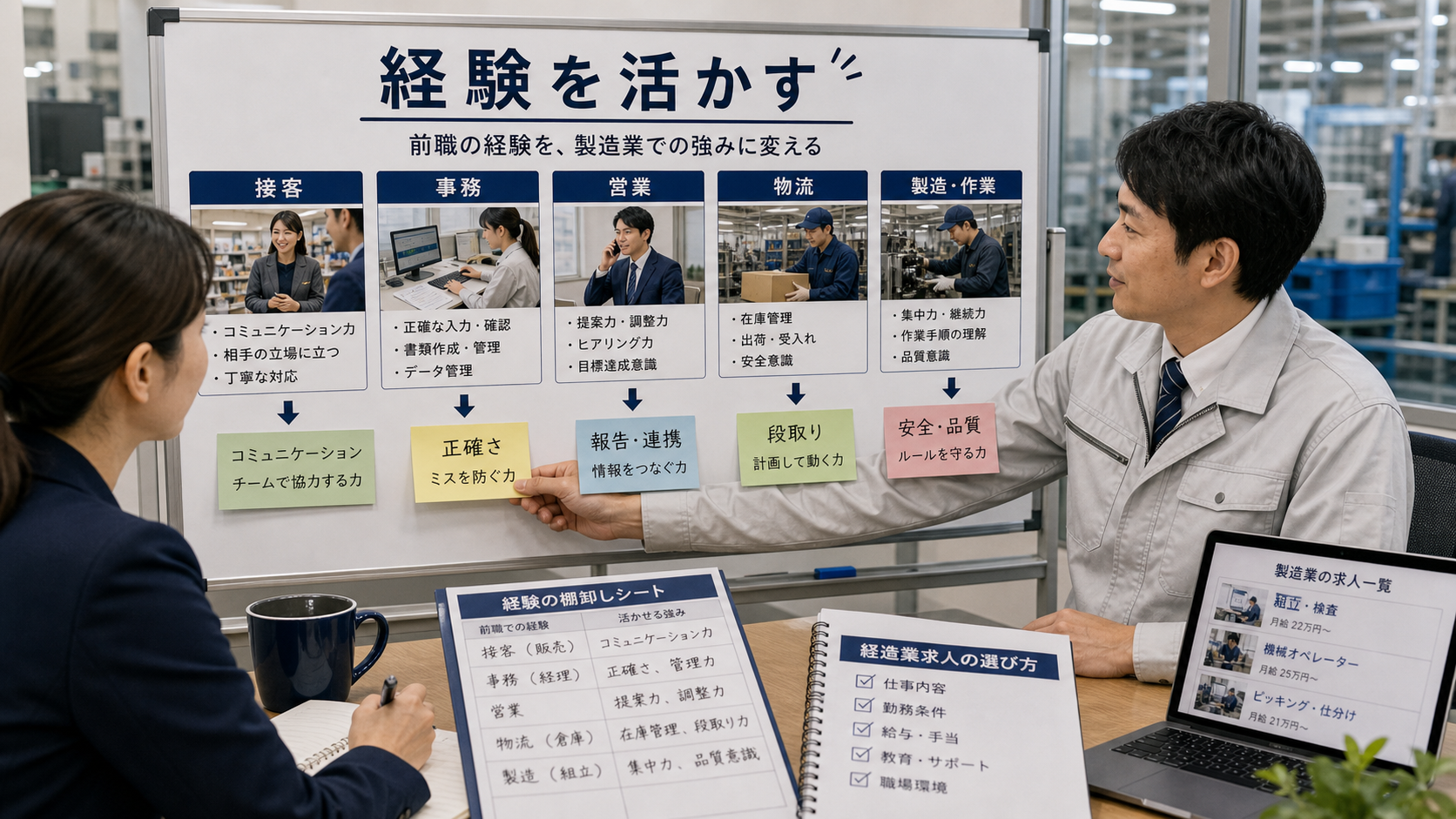 第5章「前職の経験を製造業でどう活かすか」の要点を整理したインフォグラフィック。前職カテゴリ（接客・事務・営業・物流）から製造現場スキルへ矢印でつなぐ対応図。フラットアイコンで視覚的に整理