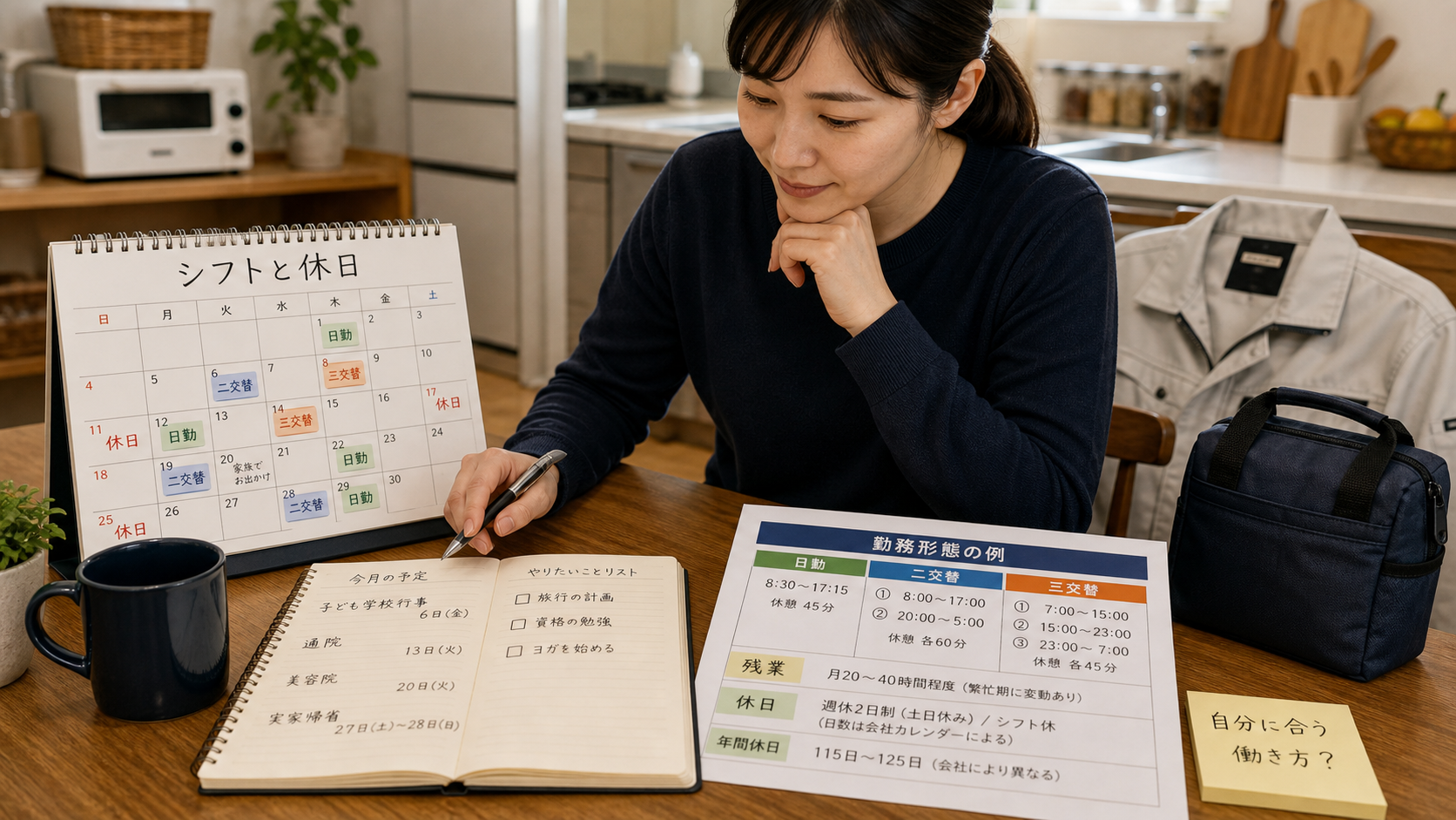 第5章「勤務時間・シフト・休日の読み方と生活リズムへの影響」の要点を整理したインフォグラフィック。日勤・二交替・三交替の1日スケジュールを3列で並べた図解。起床→出勤→勤務→退勤→自由時間→就寝の流れを色分けで示す