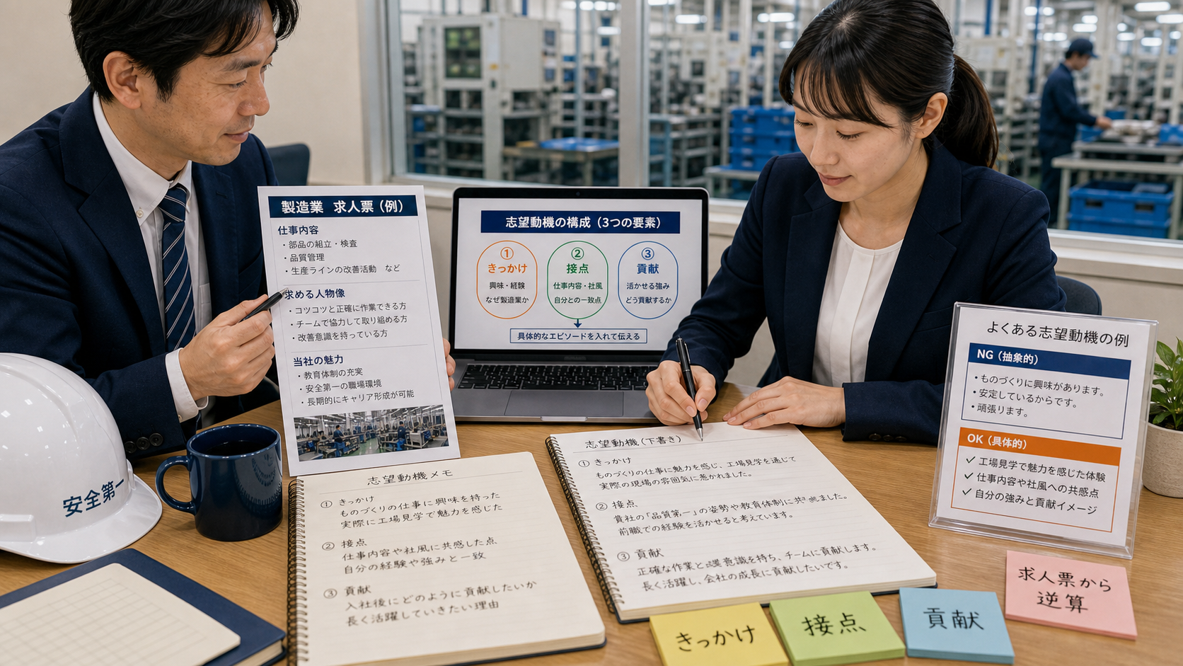 第5章「製造業で評価される志望動機の組み立て方」の要点を整理したインフォグラフィック。志望動機の3要素（きっかけ・接点・貢献）を三角形のフレームワークで示し、求人票から逆算する手順とNG例・改善例を比較する図解