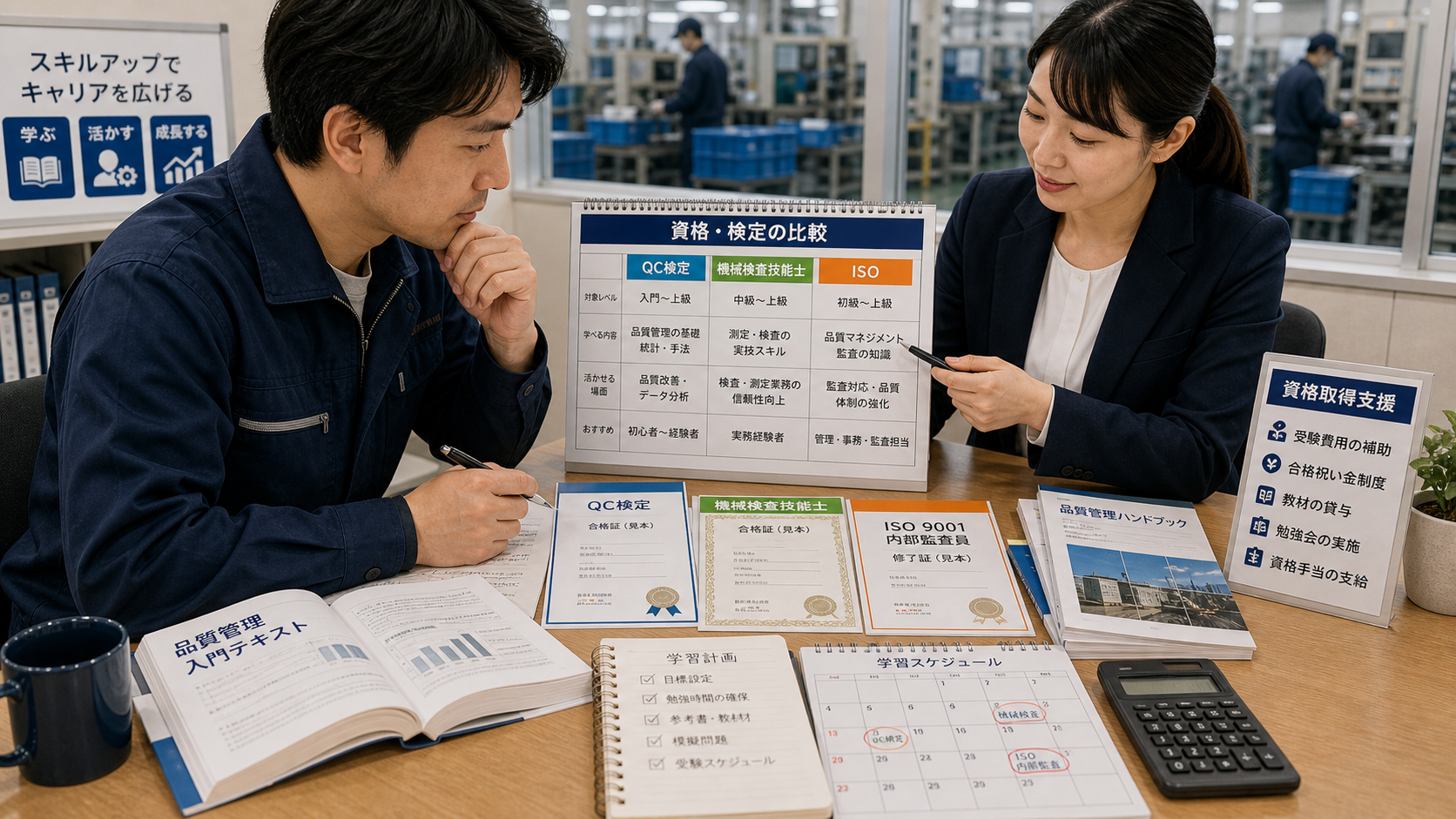 第5章「品質管理に役立つ資格・検定の比較」の要点を整理したインフォグラフィック。QC検定の級別比較、機械検査技能士、ISO内部監査員研修など品質管理に関連する主要資格を比較表で整理し、取得優先度と学習の進め方を示す図解