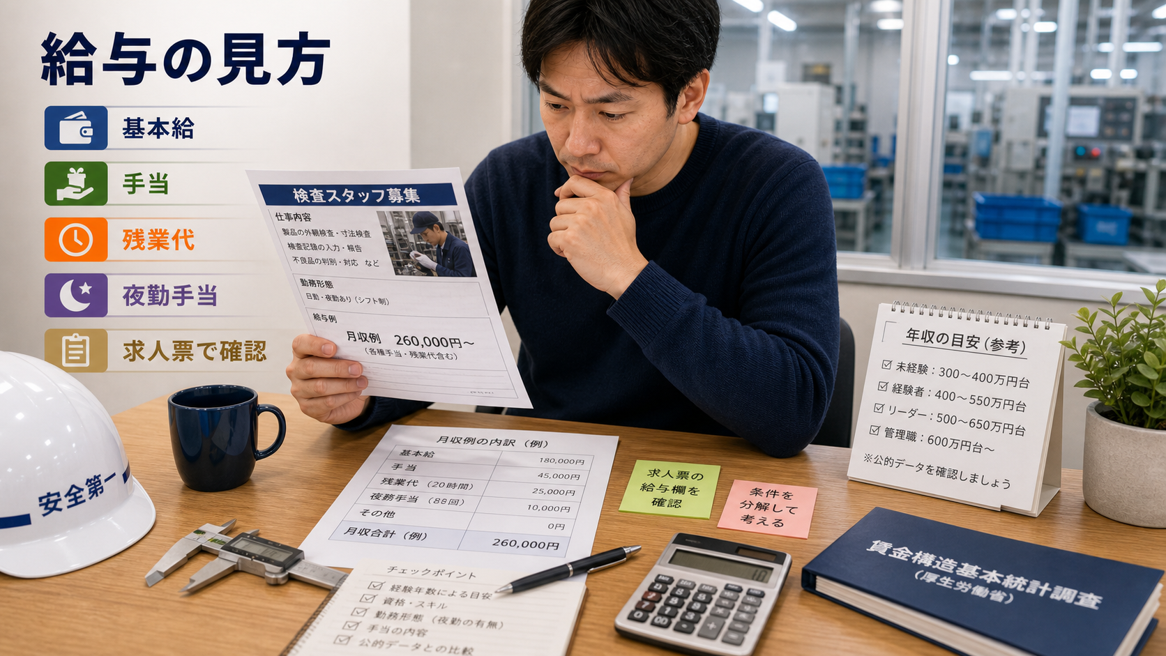 第5章「検査職の年収・給与の目安」の要点を整理したインフォグラフィック。未経験→経験者→資格保有者の年収レンジを段階的に示すバーチャート風イラスト。基本給・手当・残業代の内訳分解と求人票の月収例の読み方を整理