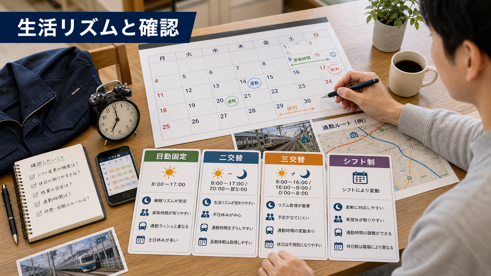 第5章「勤務時間・シフト・休日を生活リズムと並べて確認する」の要点を整理したインフォグラフィック。日勤固定・二交替・三交替・シフト制の4パターンについて勤務時間帯・休日の取り方・生活リズムへの影響を比較表で整理し、通勤手段や家庭の事情と照らして判断する方法を解説した図表付きガイド