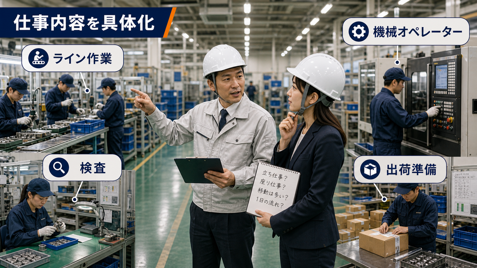 第5章「仕事内容を具体化する確認ステップ」の要点を整理したインフォグラフィック。4つの職種（ライン作業・検査・機械オペレーター・出荷準備）のアイコンが横並びになり、それぞれの下に簡略化されたタイムラインが描かれたインフォグラフィック。