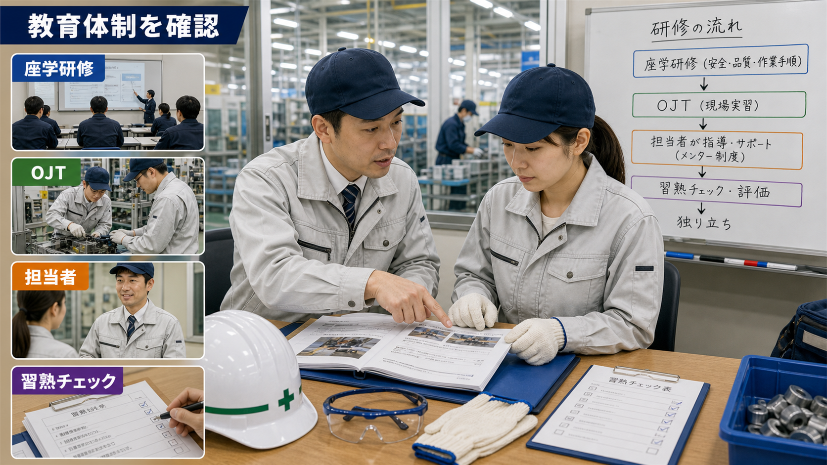 第5章「教育体制と研修制度の見分け方」の要点を整理したインフォグラフィック。「未経験歓迎」と書かれた求人は多いものの、実際にどこまで教えてもらえるかは職場ごとに大きく異なります。研修期間の長さだけでなく、誰が・何を・どのように教えるかまで確認することで、入社後のギャップを減らせます。ここでは求人票・面接・入社後の3段階で教育体制を見分ける方法を整理します。