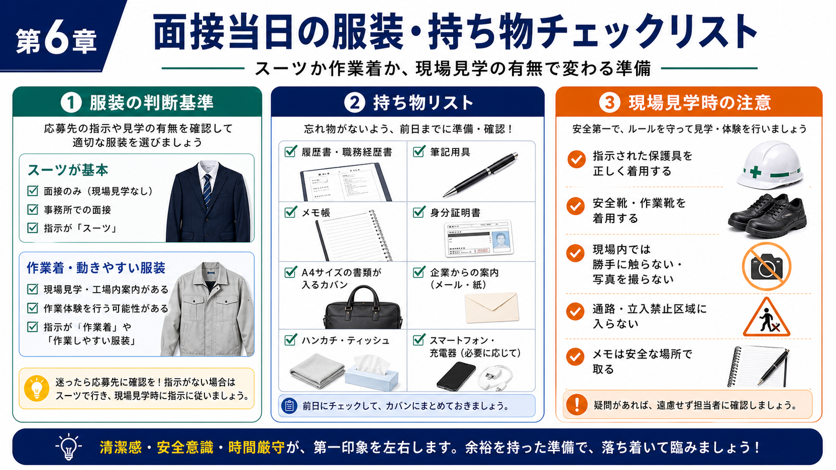 第6章「面接当日の服装・持ち物チェックリスト」の要点を整理したインフォグラフィック。製造業の面接における服装の判断基準（スーツ・オフィスカジュアル・作業着指定）と必須持ち物一覧、現場見学がある場合の追加準備をチェックリスト形式で解説