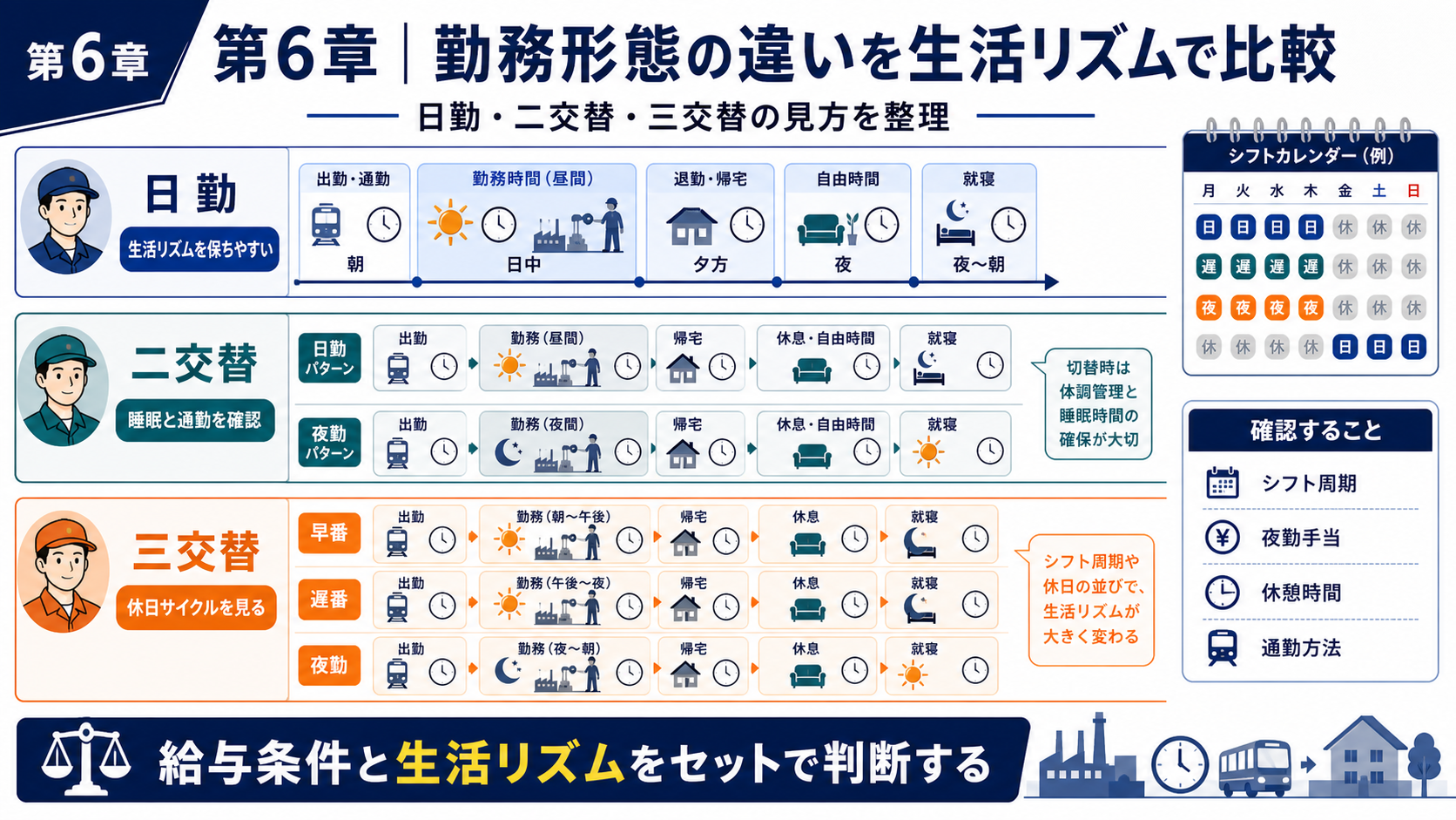 第6章「日勤・二交替・三交替の生活リズムと選び方」の要点を整理したインフォグラフィック。日勤・二交替・三交替の1日タイムラインを横並びで比較し、収入・生活リズム・体力面の違いと勤務形態を選ぶ3つの判断軸を整理した図