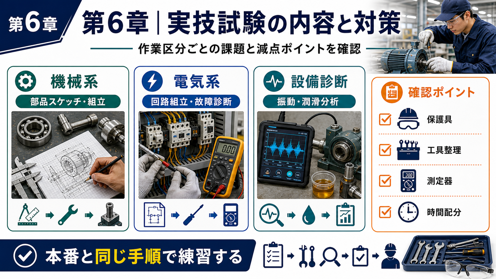 第6章「実技試験の内容と対策——減点されやすいポイント」の要点を整理したインフォグラフィック。機械系・電気系・設備診断の3作業区分別に実技試験の課題内容を一覧表で比較し、安全動作・整理整頓・時間配分など減点されやすいポイントをチェックリストで解説した図