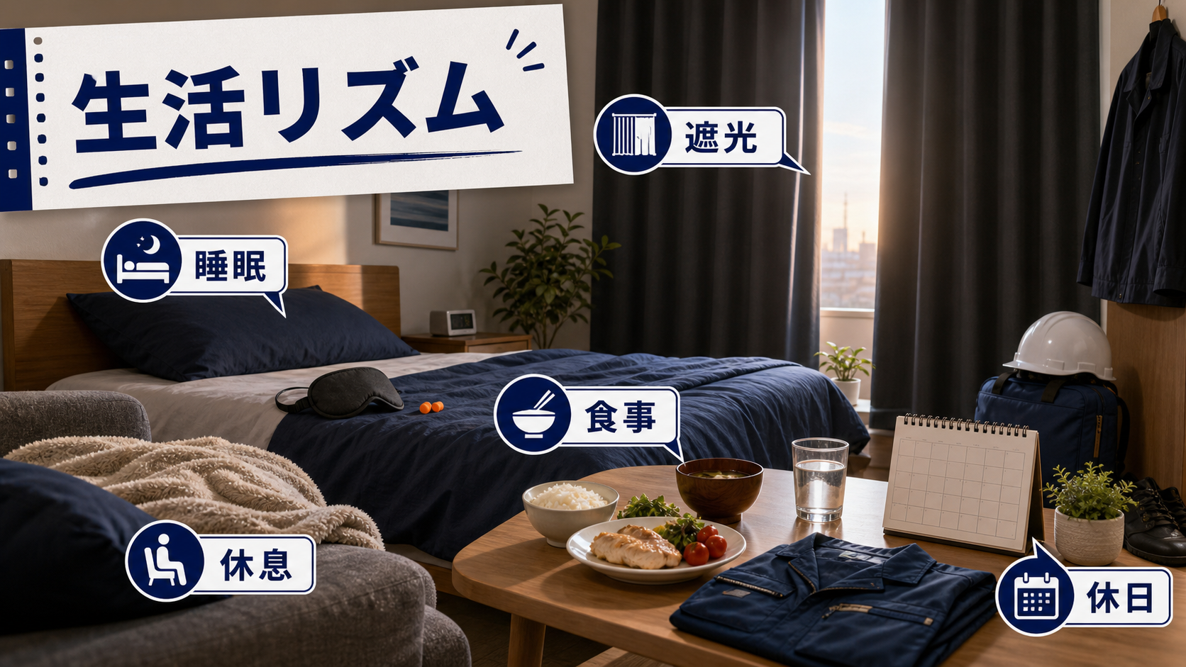 第6章「生活リズムの整え方と睡眠の工夫」の要点を整理したインフォグラフィック。夜勤明けの1日のタイムラインを横軸で示し、入眠・食事・休息のタイミングをアイコンで配置した図。帰宅後の入眠ルーティン、遮光・室温の工夫、食事タイミング、休日の過ごし方を具体的に解説する。