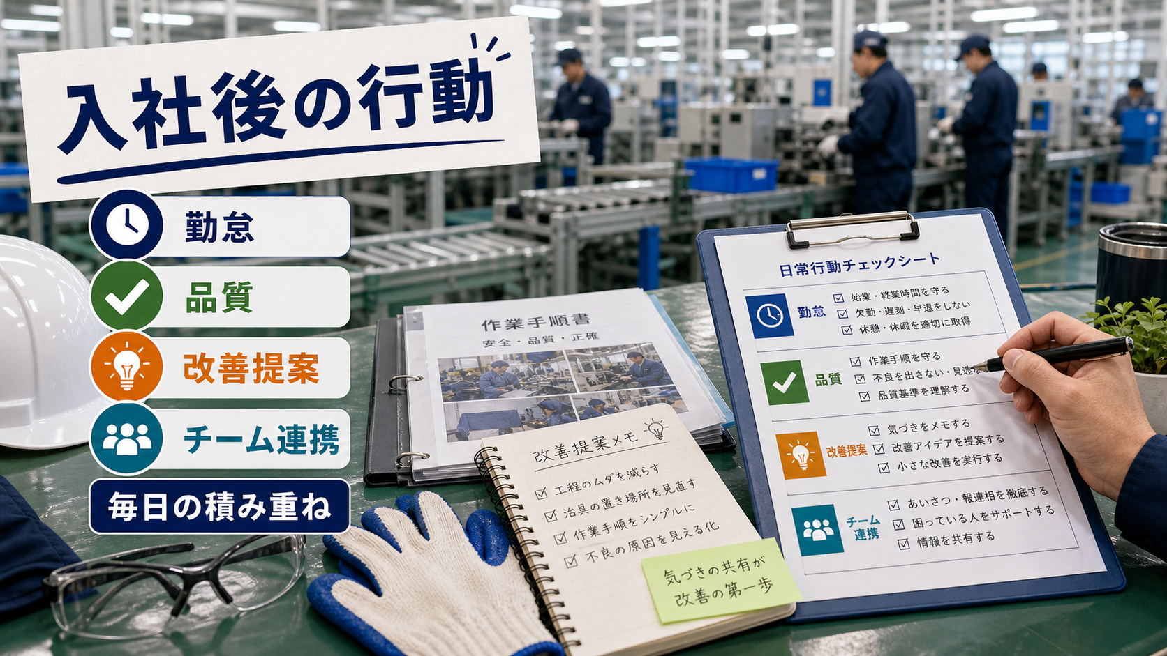 第6章「入社後に正社員登用へ近づく日常行動──4カテゴリのチェックリスト」の要点を整理したインフォグラフィック。勤怠・作業品質・改善提案・チーム連携の4カテゴリで日常行動をチェックリスト形式で整理した図解