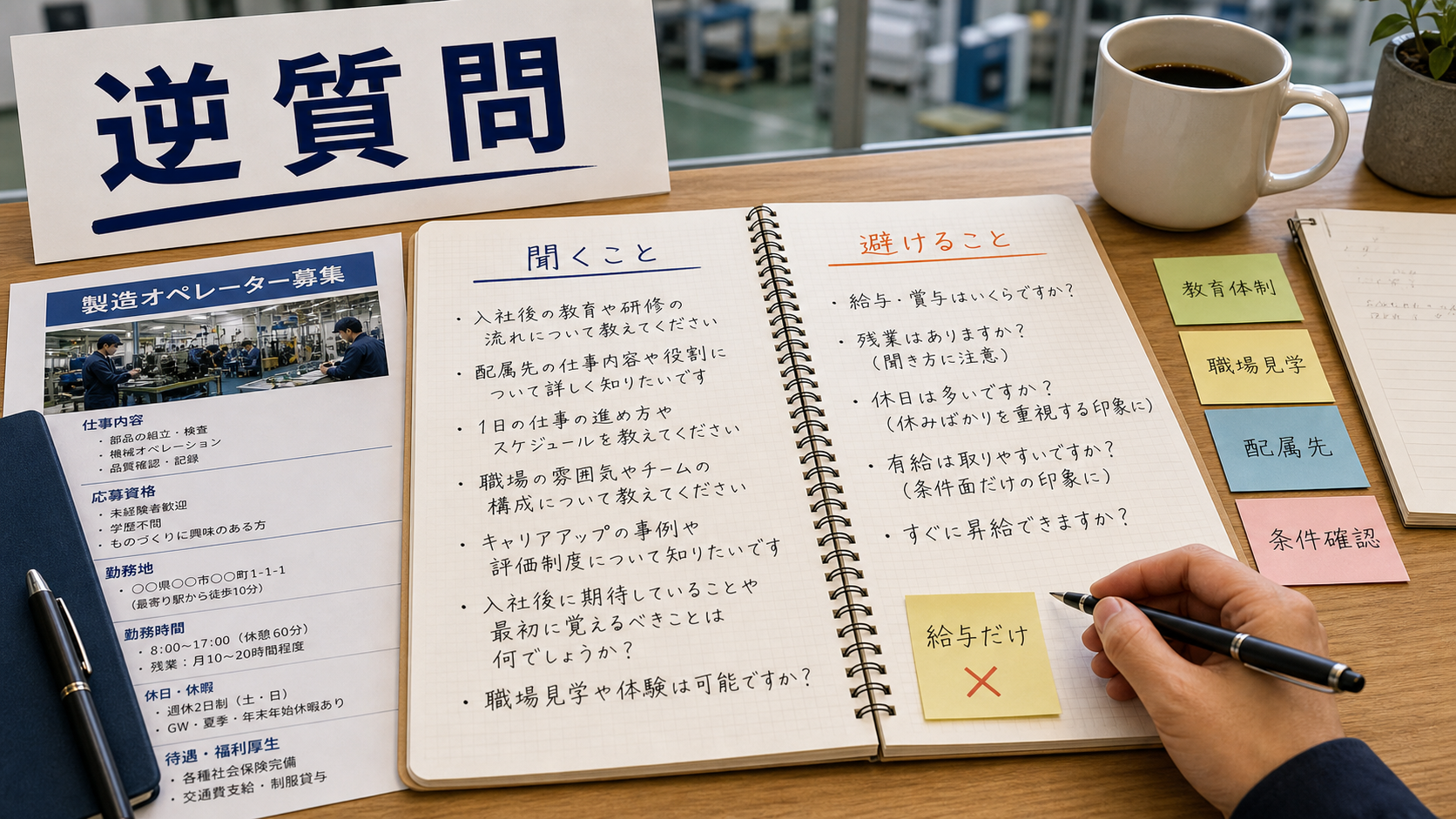 第6章「逆質問で聞くべきこと・避けるべきことの整理」の要点を整理したインフォグラフィック。逆質問の良い例と避けるべき例を教育体制・配属先・条件面の3領域で対比した比較表つき解説