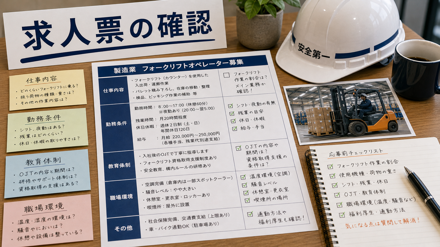 第6章「求人票でフォークリフト求人を見るときの確認項目」の要点を整理したインフォグラフィック。求人票の4軸チェックリスト（仕事内容・勤務条件・教育体制・職場環境）を表形式で図解。各項目の確認ポイントと優先度の目安を添える。