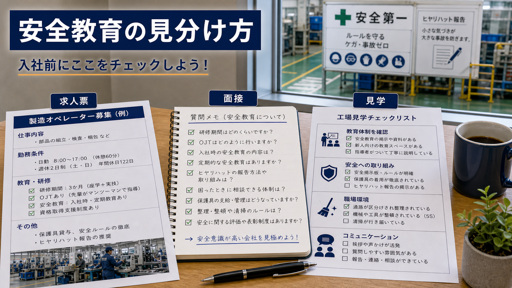 第6章「安全教育が整っている工場の見分け方」の要点を整理したインフォグラフィック。求人票・面接・見学の3段階で安全教育の充実度を確認するチェックリスト図