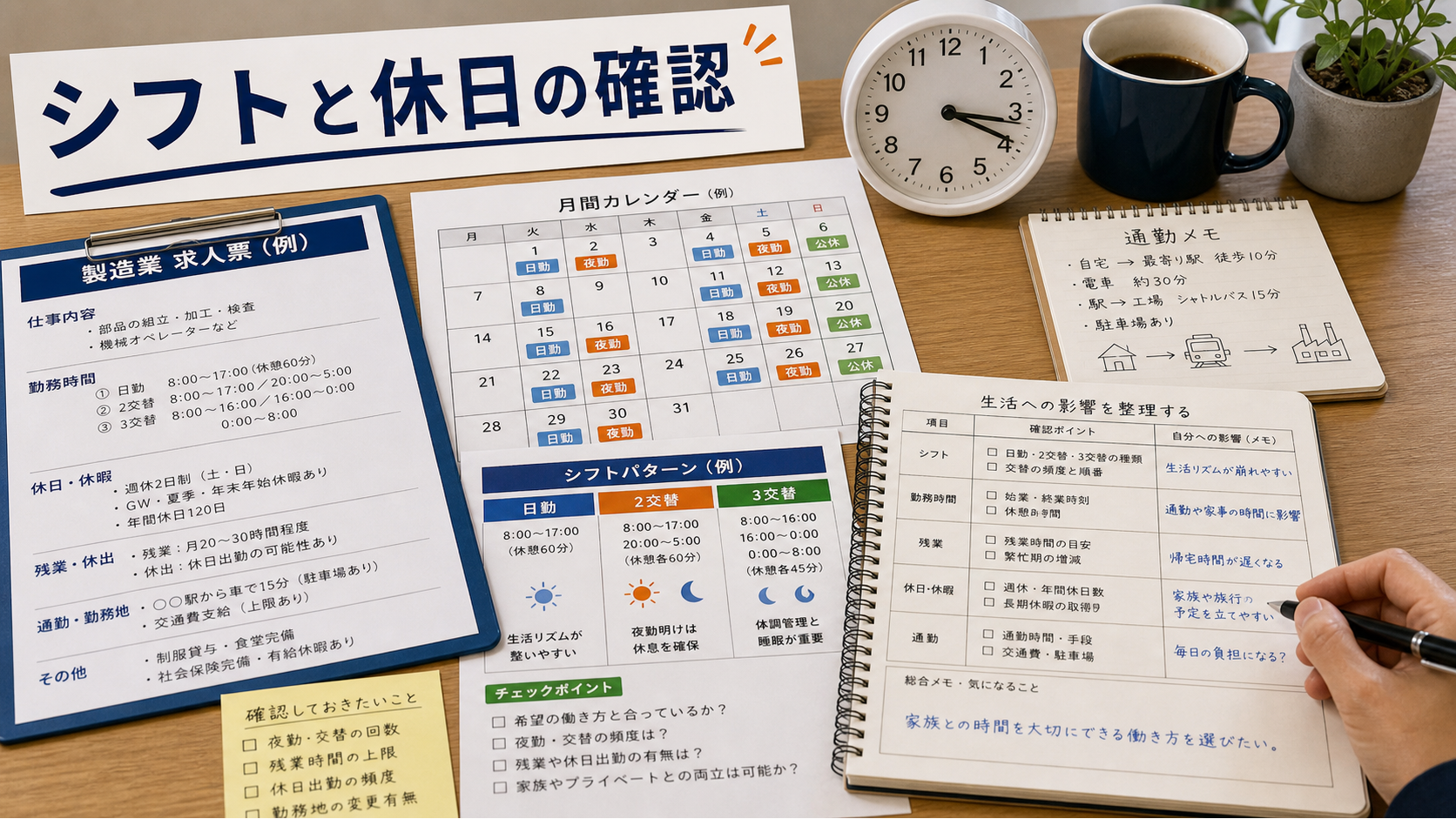 第6章「勤務時間・シフト・休日の確認ポイントと生活への影響」の要点を整理したインフォグラフィック。日勤・2交替・3交替の1日スケジュール比較と、休日パターン・残業頻度・シフト変更の確認方法を表とリストで整理した図解