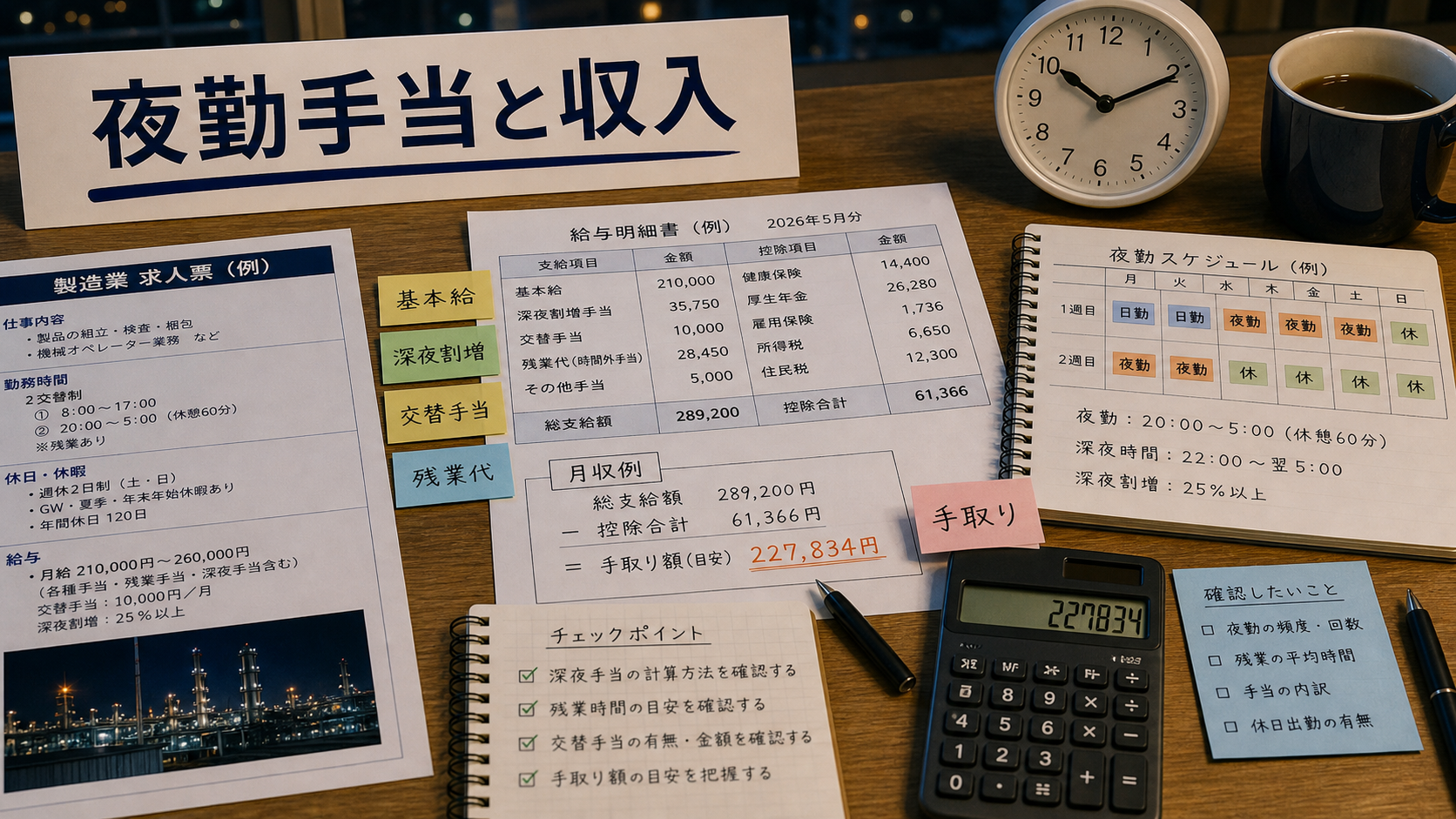 第6章「夜勤手当・深夜割増と収入シミュレーション」の要点を整理したインフォグラフィック。日勤のみと二交替の月収イメージを棒グラフ風に並べた図。深夜割増部分を色分けし、隠れコスト（食費・健康管理）を吹き出しで補足