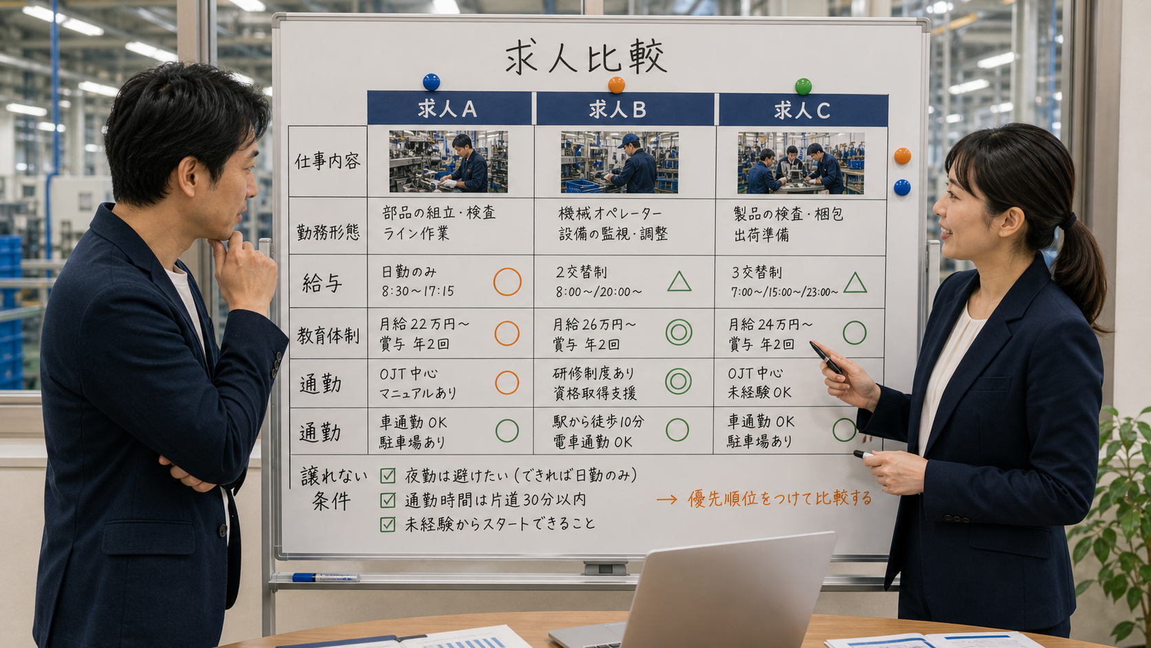第6章「複数求人を並べて比較する実践フォーマット」の要点を整理したインフォグラフィック。3つの求人を横並びにした比較表テンプレート。各項目に○△×のアイコンを配置し、外せない条件にハイライト
