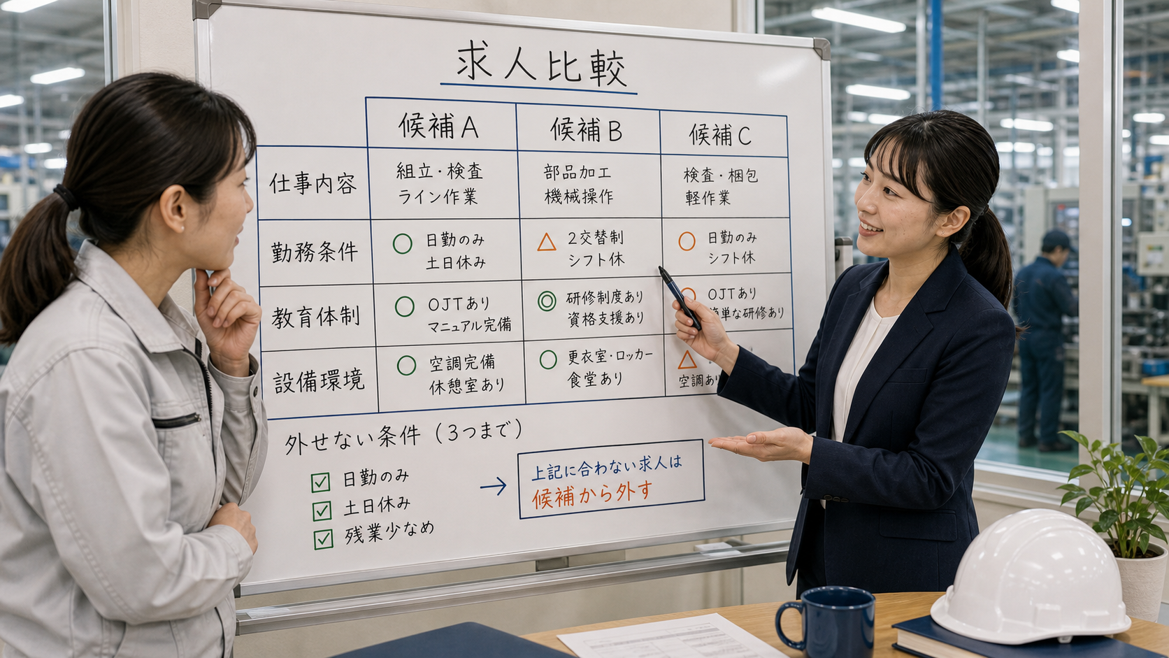 第6章「求人票の比較表テンプレートと候補の絞り方」の要点を整理したインフォグラフィック。比較表テンプレートを視覚化した図解。3列の求人候補に4行の確認項目を配置し、チェックマークで評価を示す