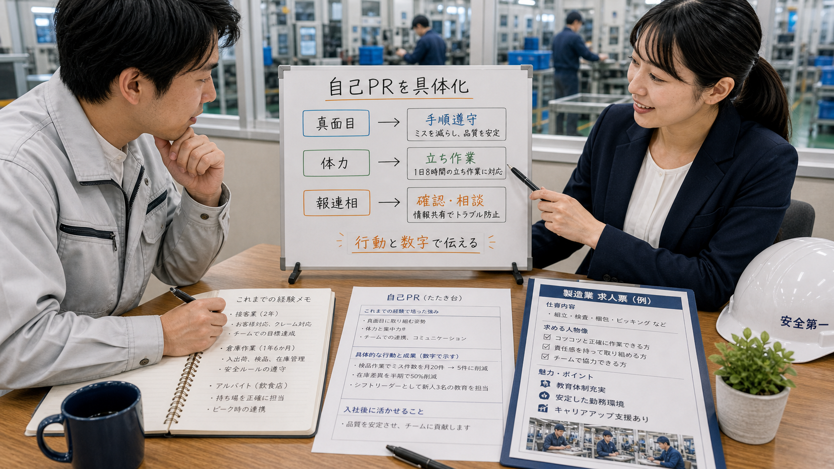 第6章「自己PRの書き方と製造業で響くキーワード」の要点を整理したインフォグラフィック。抽象的な強み（真面目・体力・コミュ力）を矢印で具体行動と数値に分解する変換図。製造業で評価されやすいキーワード一覧と自己PRのビフォーアフター例文を掲載。