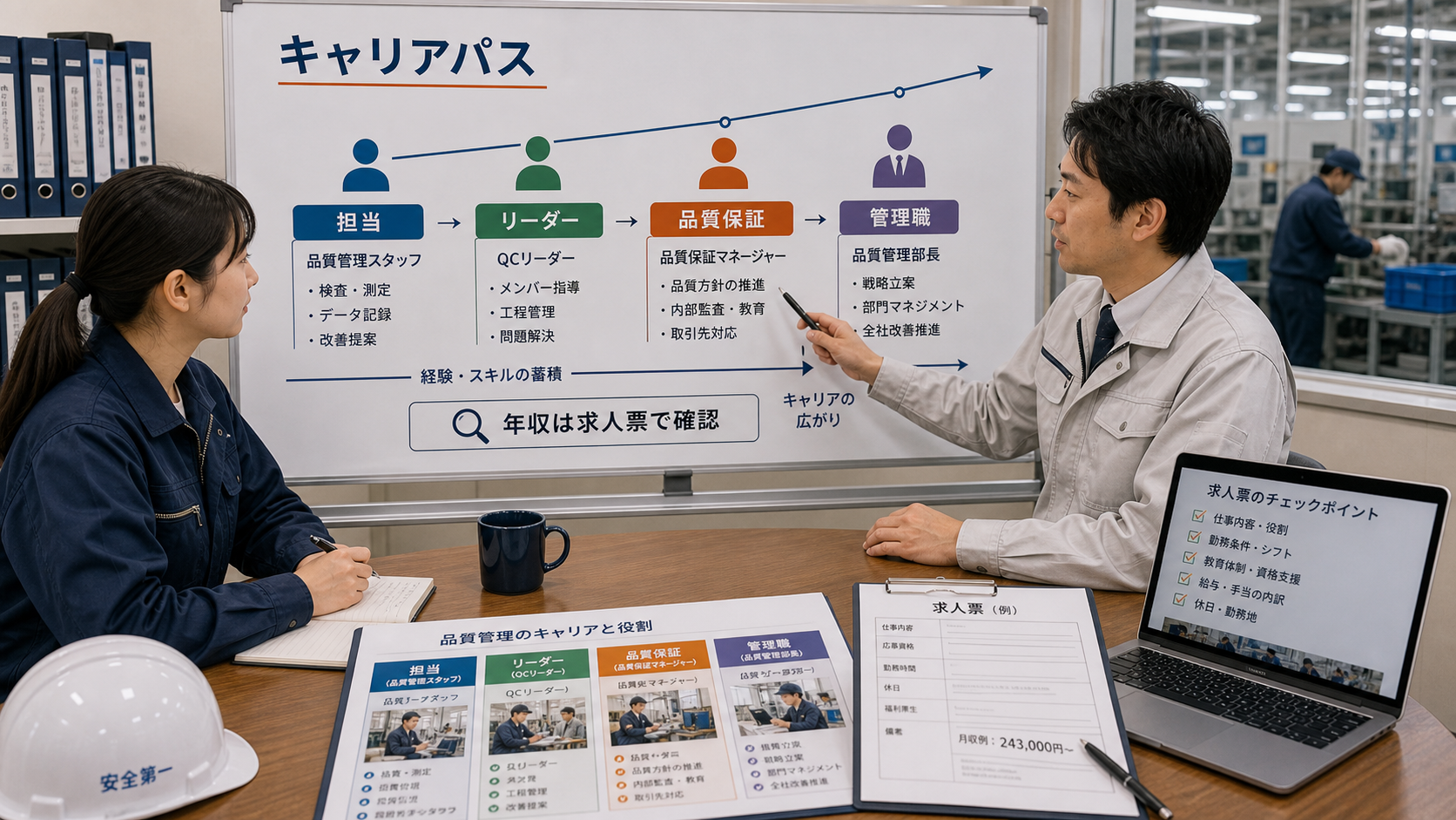 第6章「品質管理のキャリアパスと年収の目安」の要点を整理したインフォグラフィック。品質管理のキャリアステップを階段状に配置し、各段階の主な業務と年収帯の目安を添えたキャリアマップ図解。