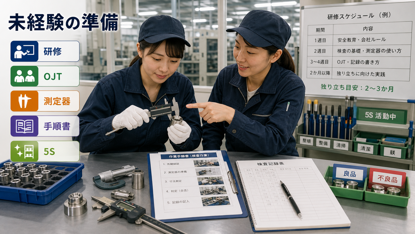 第6章「未経験から検査職に就くための準備」の要点を整理したインフォグラフィック。未経験者が検査職に応募する前に確認すべき教育体制のチェックポイント、測定器の基礎用語ミニ辞典、独り立ちまでのステップを整理したフロー図