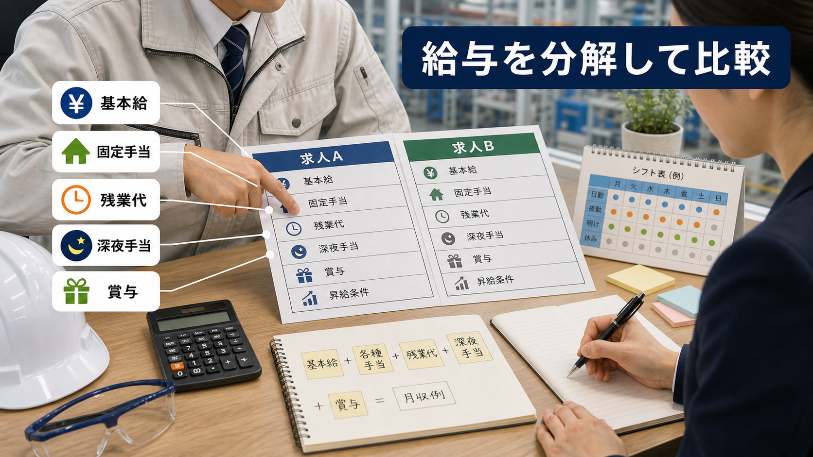 第6章「給与・手当の内訳を分解して比較する」の要点を整理したインフォグラフィック。月収シミュレーション表。求人A・求人Bを横に並べ、基本給・固定手当・残業代・深夜手当・月収目安の行で比較する表