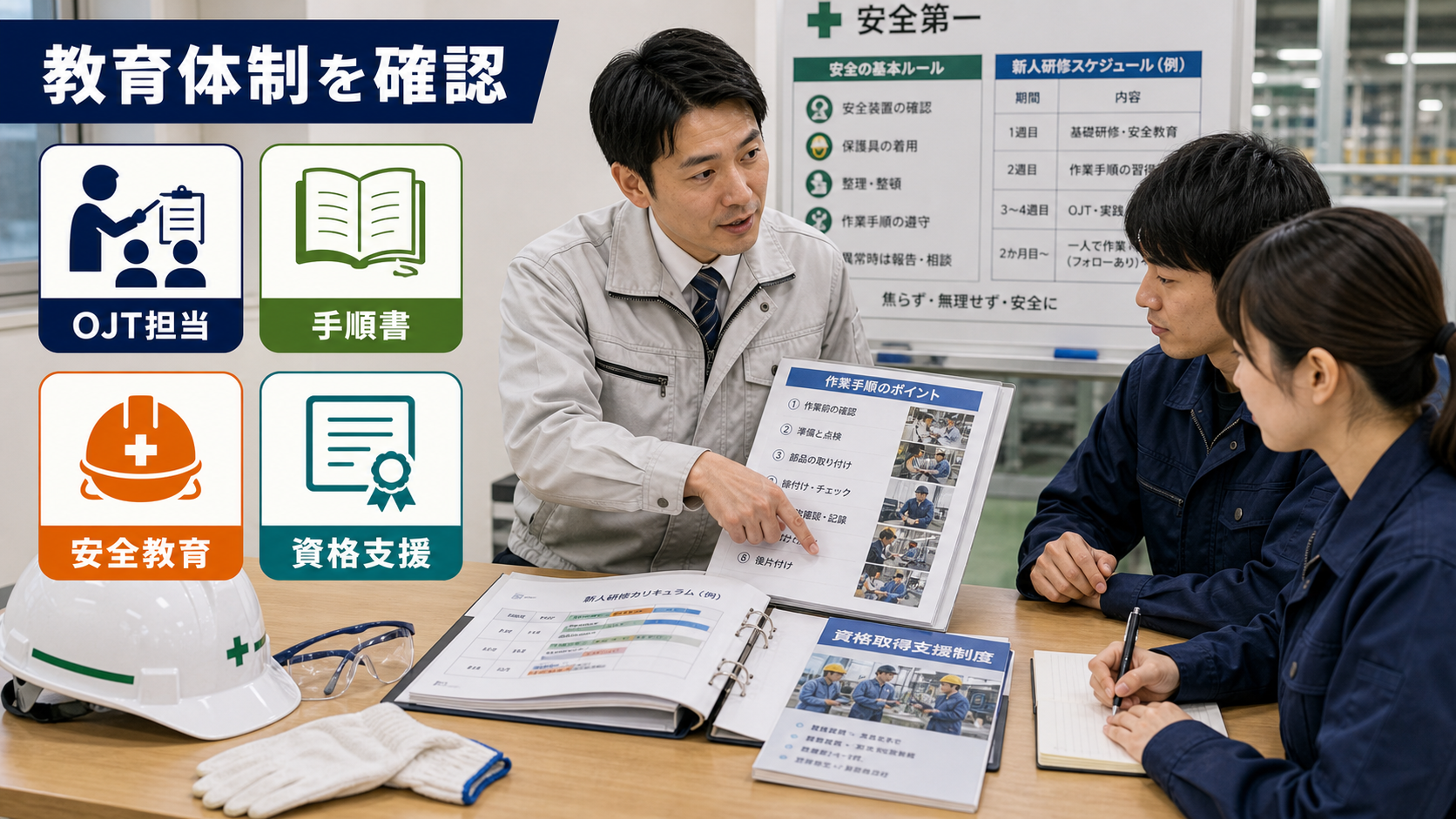 第6章「教育体制・研修制度の有無で入社後の定着が変わる」の要点を整理したインフォグラフィック。OJT担当の有無・作業手順書・安全教育・資格取得支援の4項目を軸に、未経験者が入社前に教育体制を確認するチェック方法と質問フレーズを整理した解説図