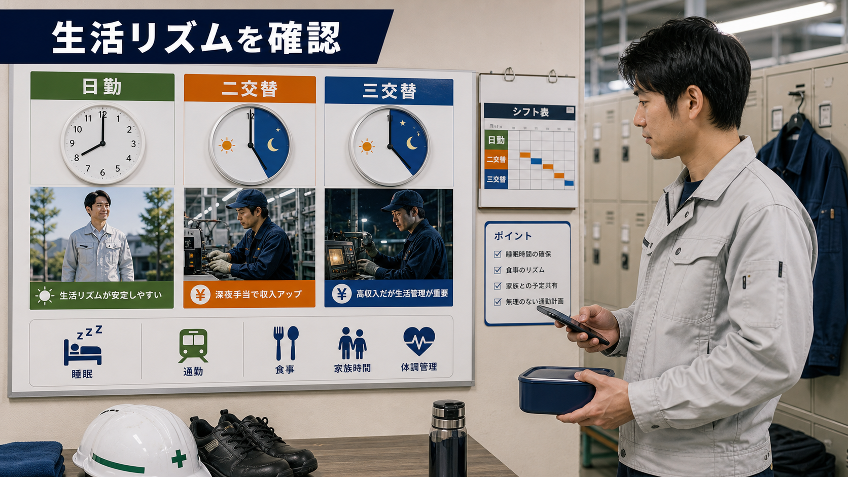 第6章「勤務体系と生活リズム ─ 日勤・夜勤・交替制の違い」の要点を整理したインフォグラフィック。日勤・二交替・三交替の勤務時間帯を比較表で整理し、睡眠・食事・家族時間・通勤への影響と体調管理のポイントを解説する図解