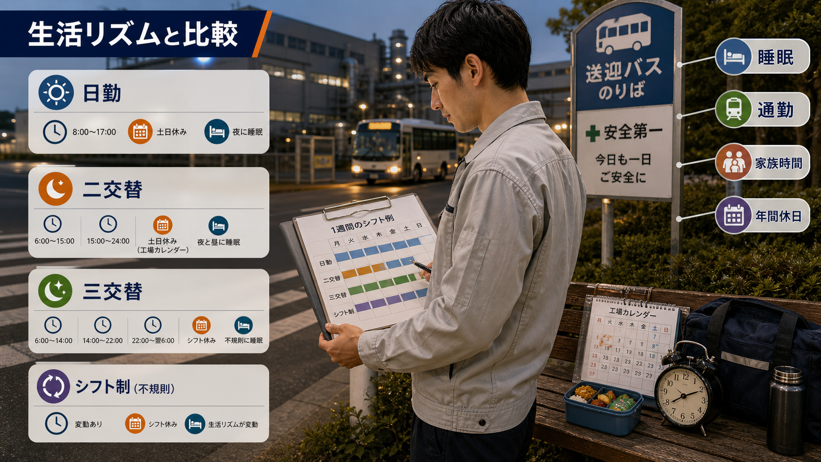第6章「シフト・勤務時間・休日の比較基準と生活リズム」の要点を整理したインフォグラフィック。カレンダーと時計が並び、日勤・二交替・三交替の3パターンが色分けされた一週間スケジュール表。休憩室のコーヒーカップが添えられた生活感のある構図。
