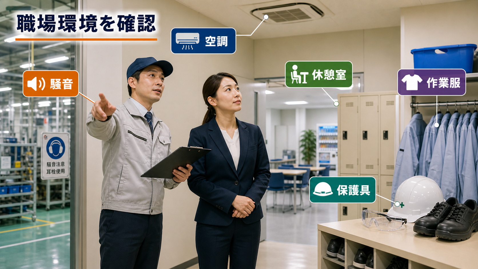 第6章「職場環境・設備・福利厚生の確認リスト」の要点を整理したインフォグラフィック。「工場＝暑い・うるさい・汚い」というイメージを持つ人は少なくありません。しかし実際には、空調完備のクリーンルームから屋外作業が中心の現場まで、工場の環境は業種や製品によって大きく異なります。求人票だけでは読み取りにくい情報も多いため、見学や面接の場を活用して確認する視点を持つことが重要です。ここでは作業場所・共用設備・支給品の3カテゴリに。
