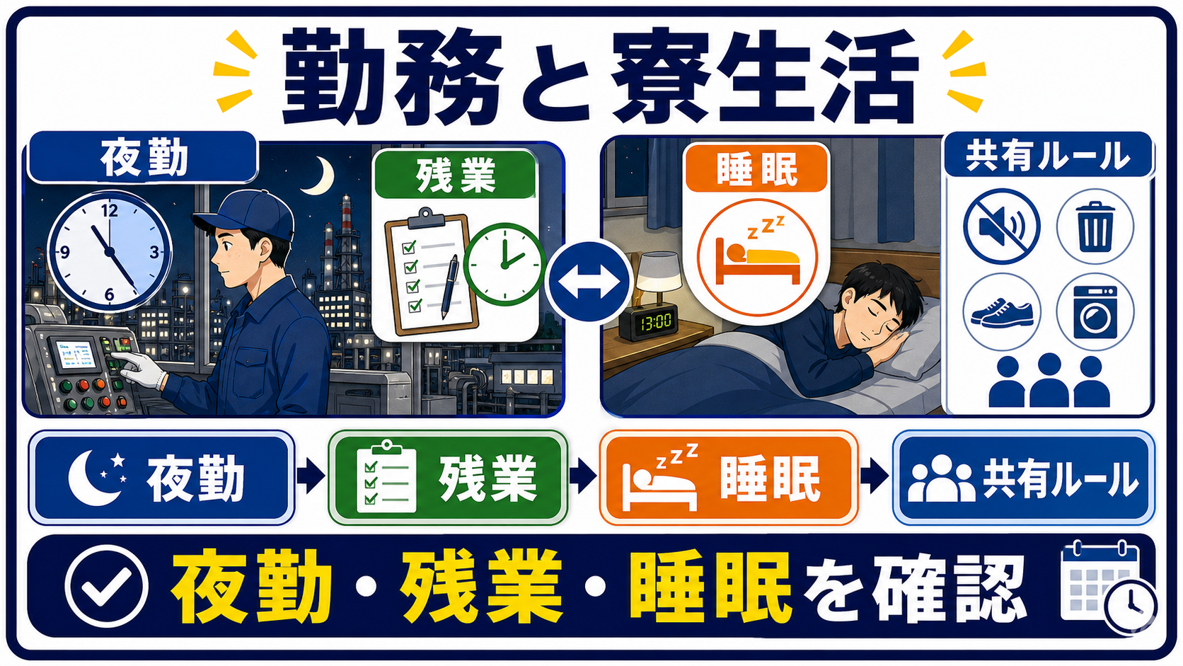 夜勤・残業・休日と寮生活の相性を確認する図解