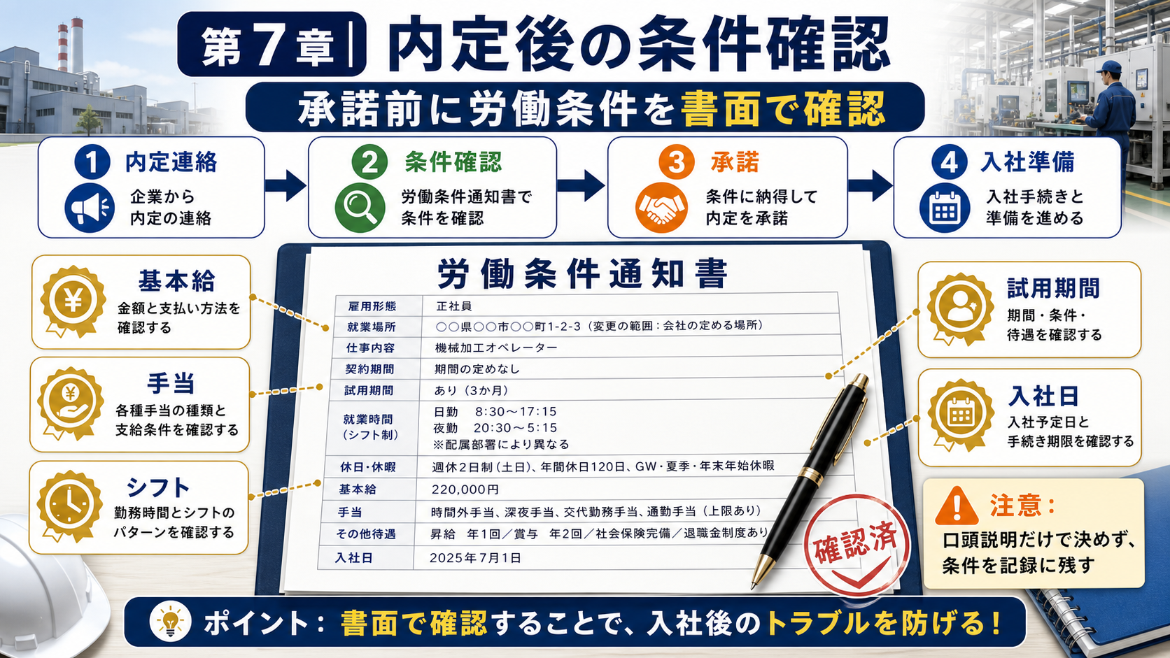 第7章「ステップ6｜内定承諾・条件確認・退職交渉の進め方」の要点を整理したインフォグラフィック。内定から入社日までのタイムライン図。内定通知→条件確認→承諾→退職届提出→引き継ぎ→入社の流れを時系列で示し、各ステップに所要日数の目安を記載。