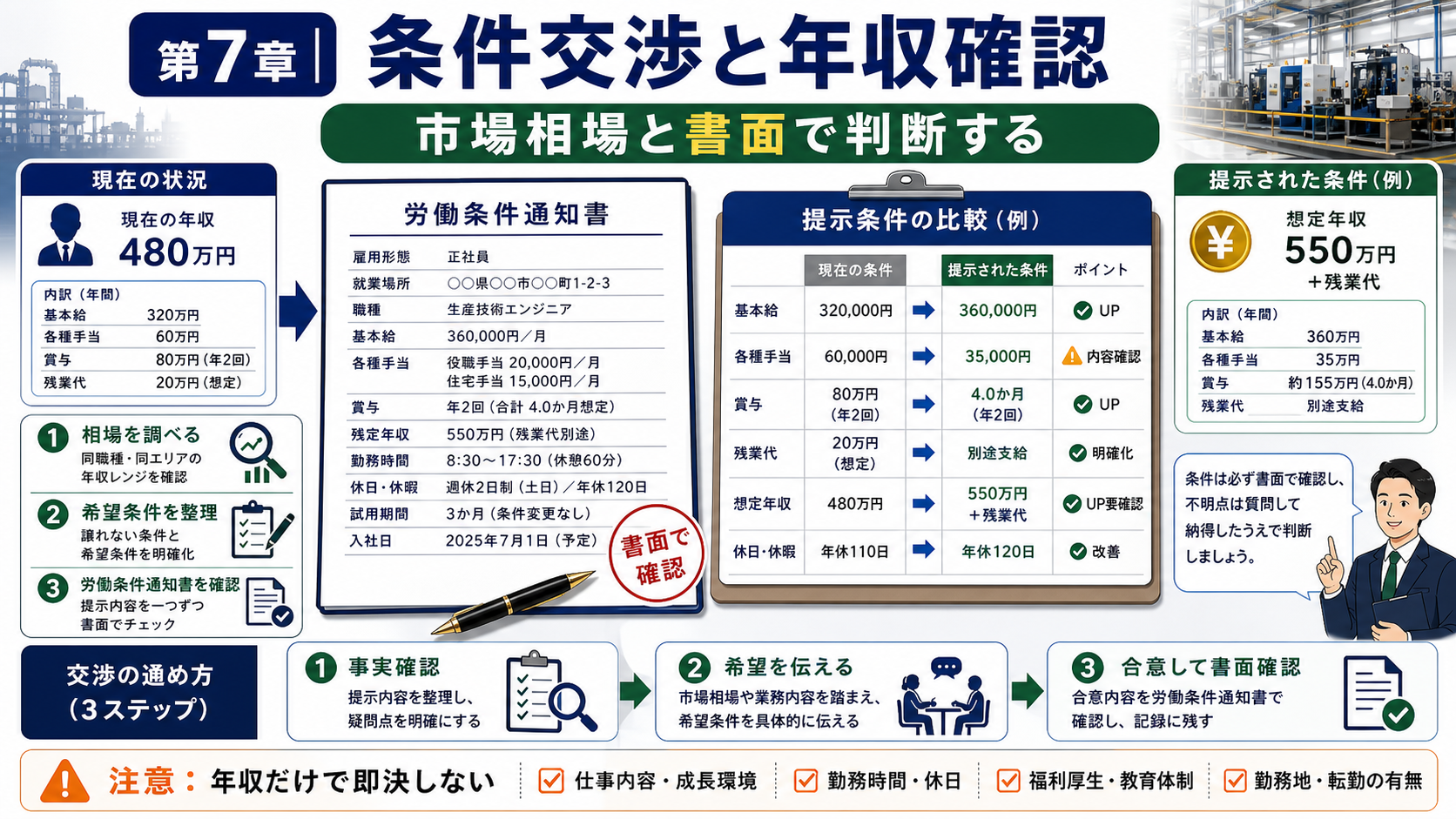 第7章「非公開求人の条件交渉と年収アップの進め方」の要点を整理したインフォグラフィック。非公開求人における条件交渉の時系列フロー、年収交渉の根拠となる市場相場の調べ方、複数オファーの比較シート項目例を解説する図
