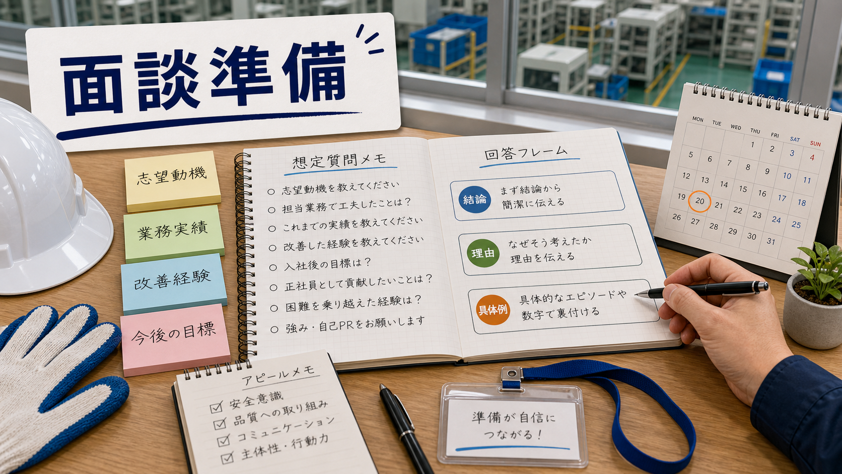 第7章「登用面談・試験の準備──聞かれやすい質問と答え方の方向性」の要点を整理したインフォグラフィック。志望動機・実績・改善経験・今後の目標の4象限で登用面談の準備を整理した図解