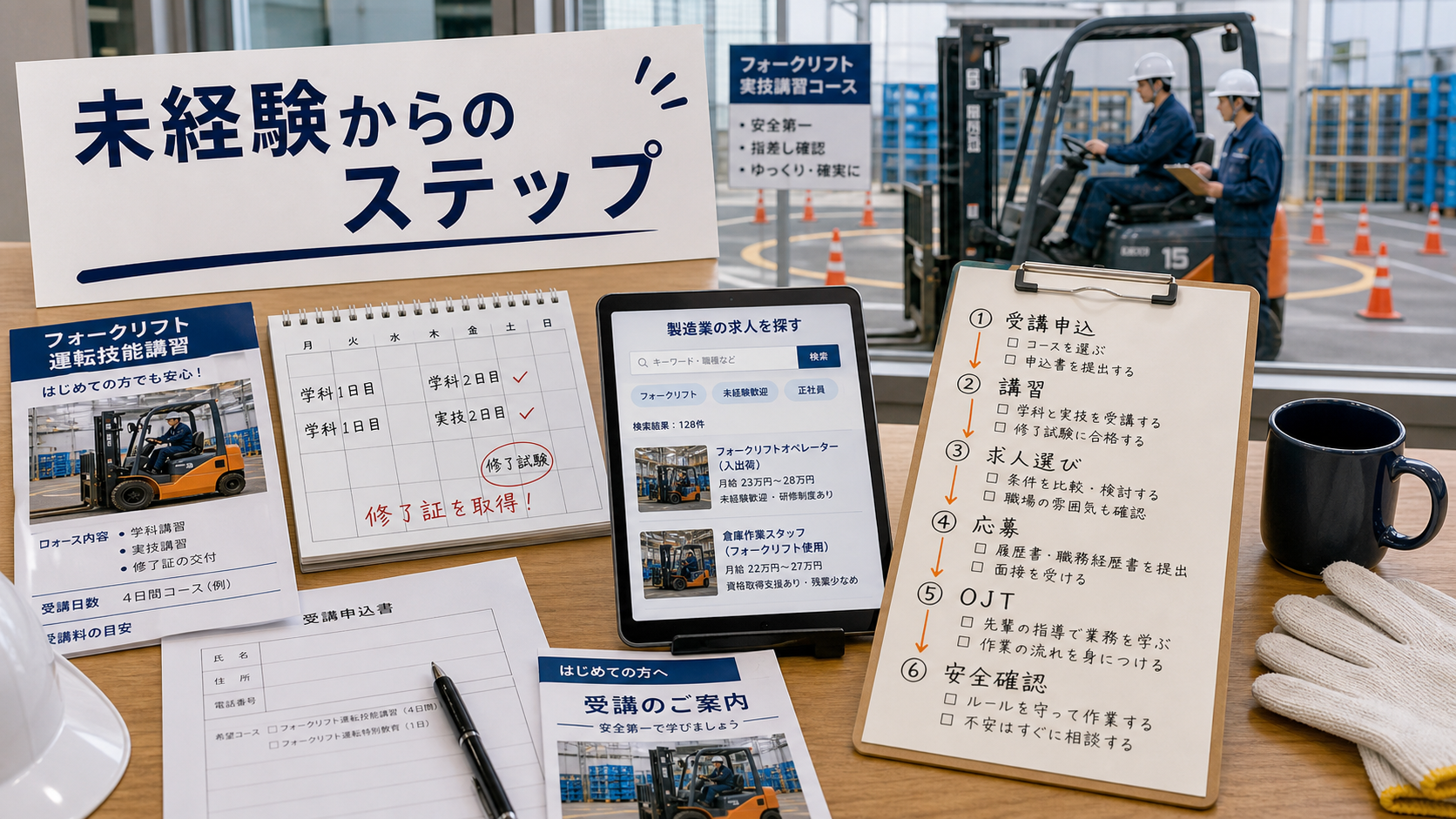 第7章「未経験からフォークリフト業務に就くまでのステップ」の要点を整理したインフォグラフィック。資格取得→求人選び→応募→入社・OJTの4ステップを時系列フローで図解。各ステップの所要期間目安とやることを添える。