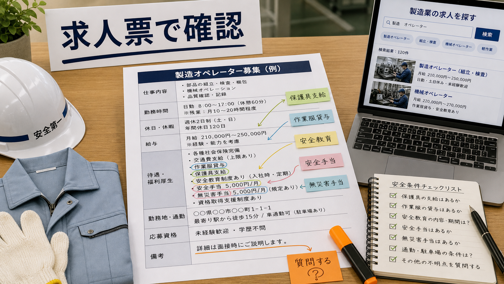 第7章「求人票で安全関連の条件を読み解く方法」の要点を整理したインフォグラフィック。求人票に記載される安全関連キーワードの意味と確認方法を整理した一覧図