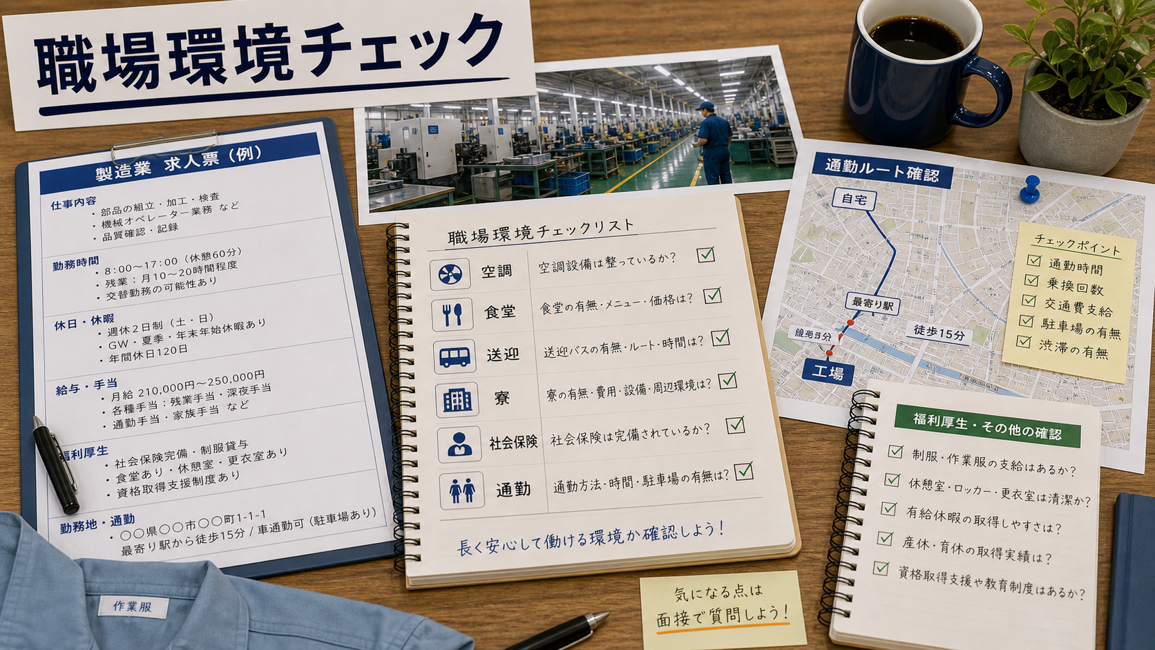 第7章「職場環境・通勤・福利厚生の確認リスト」の要点を整理したインフォグラフィック。職場環境・通勤・福利厚生の確認項目をカテゴリ別に整理したチェックリスト図。作業服・空調・食堂・送迎バス・寮・社会保険など求人票では見えにくいポイントを網羅。